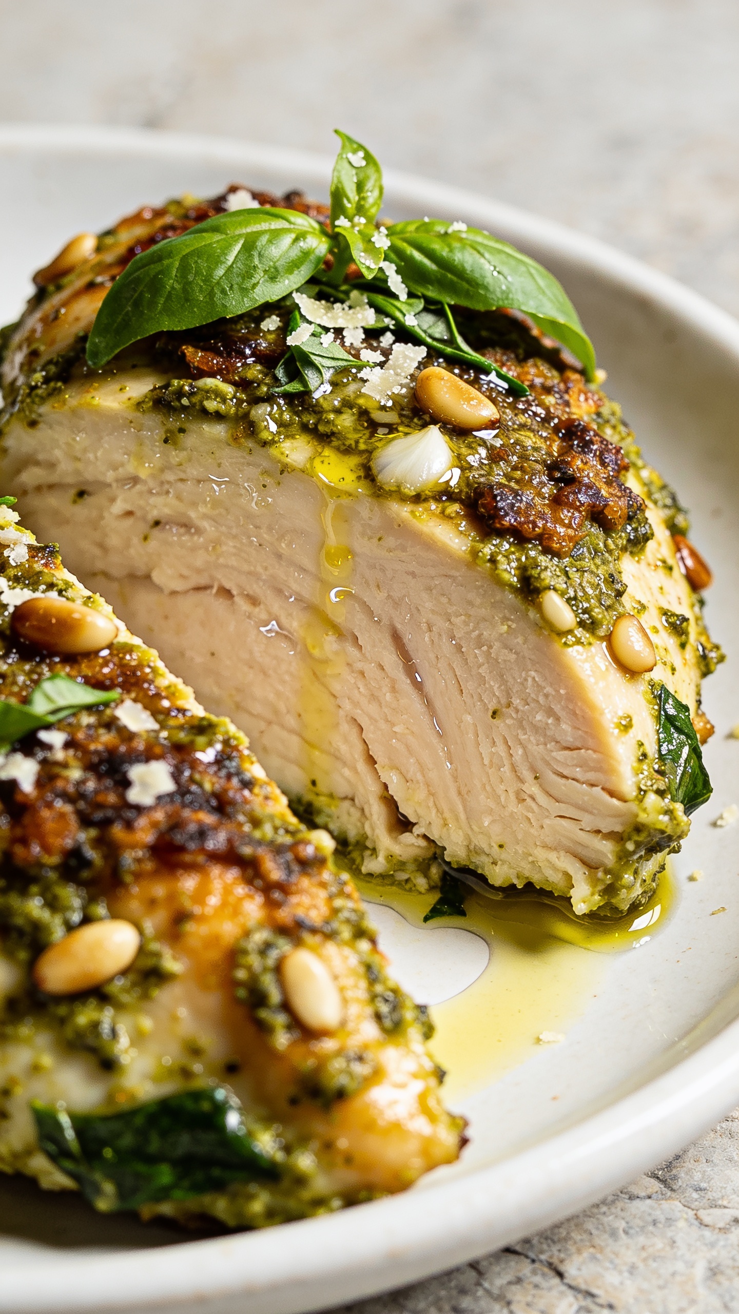 Ultra close-up angled detail of the same finished Air Fryer Pesto Chicken: tight focus on the cut surface of a thick slice showing a juicy interior with clear moisture, surrounded by a textured crust of caramelized pesto, flecks of garlic and basil visible, and a few toasted pine nuts embedded; a delicate fresh basil chiffonade sprinkled on top with tiny Parmesan shavings melting into the sauce. The plate is the same white ceramic, with a faint glint of olive oil pooling at the base. Bright natural lighting, shallow depth of field, neutral stone background softly blurred, food dominating 90–95% of the frame.