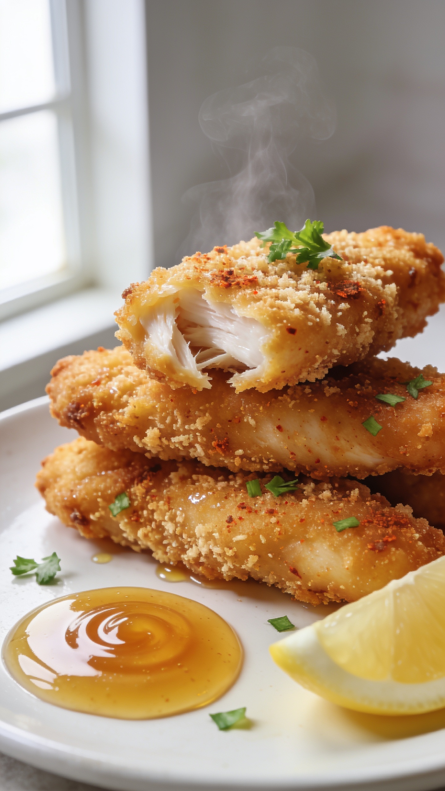 Ultra-close-up hero shot of golden-brown air fryer chicken tenders stacked on a matte white plate, 90â95% of frame filled with food; intensely crispy panko-parmesan crust with visible paprika-speckled seasoning, slight sheen from a light oil mist; a small pool of glossy honey-mustard dipping sauce on the side with a swirl, plus a wedge of lemon and a light sprinkle of chopped fresh parsley on the tenders; one tender torn slightly to reveal steaming, juicy white meat fibers; bright natural window light from the left, soft bounce on the right, shallow depth of field, clean neutral background, premium food-blog styling.