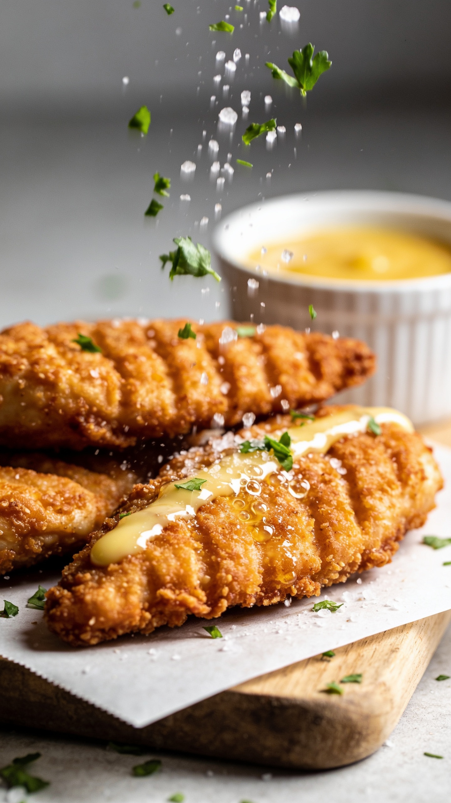 Macro side-angle close-up of a few air fryer chicken tenders arranged slightly overlapping on a small parchment-lined board; focus on the edge where the crust is the crispiest, showing deep golden ridges and tiny bubbles; a thin drizzle of garlic butter glistening along the top tender with micro-beads catching the light; coarse salt crystals and fresh parsley sprinkled mid-fall, frozen in the air; a ramekin of honey-mustard just out of focus; bright natural light, shallow depth of field, 90â95% frame filled with food, consistent styling with the other images.