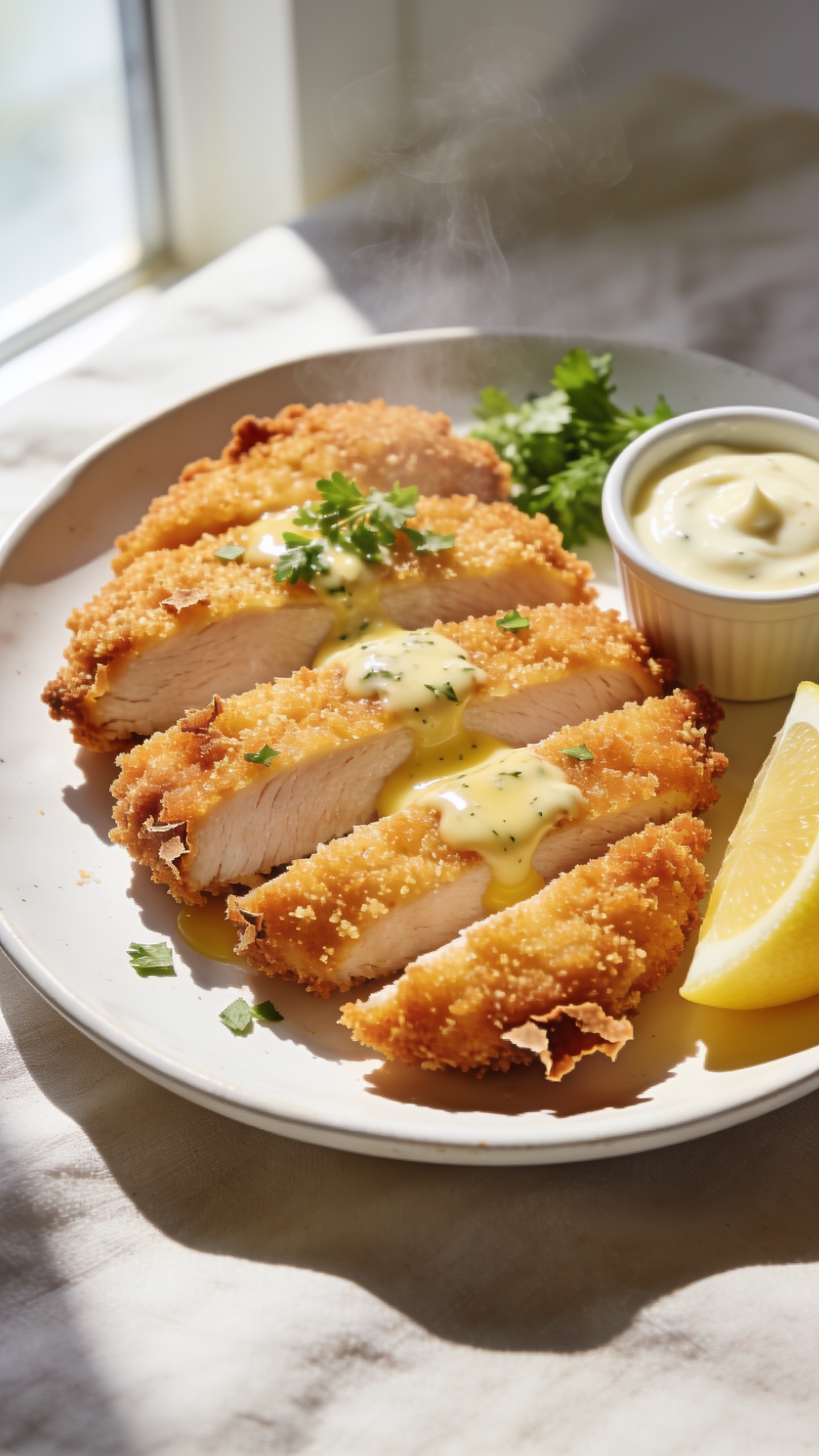 Ultra close-up hero shot of air fryer crispy chicken cutlets plated on a white ceramic plate, 90â95% of frame filled with food. Golden-brown panko-crusted cutlets sliced into wide pieces to reveal juicy, tender interior; edges visibly craggy and shatteringly crisp. A light drizzle of glossy garlic-herb butter pooling slightly on the crust, with a sprinkle of fresh chopped parsley and a wedge of lemon off to the side. Accompanied by a small ramekin of creamy lemon aioli for dipping. Bright natural window light from the left, soft shadows, shallow depth of field, background a blurred light linen. Premium food-blog styling, vibrant color, steam just faintly visible.