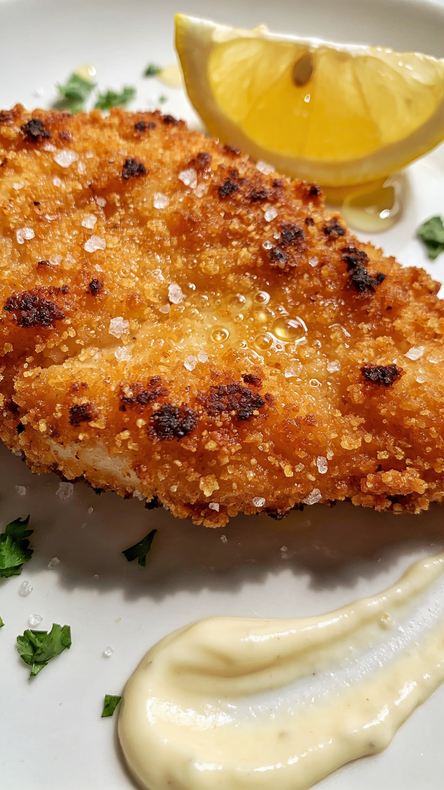 Tight macro overhead-angled close-up of the same plated crispy chicken cutlets, 90â95% food in frame. Focus on texture: rugged, deeply golden crust with darker toasted panko freckles; fine salt crystals catching the light; tiny bubbles on the crust showing crunch. A fresh squeeze of lemon just finishedâtiny glistening droplets on the surfaceâplus scattered parsley for pop. A small smear of creamy aioli with a swirl pattern sits at the plateâs edge. Bright natural light, shallow depth of field, soft neutral backdrop, rich color and ultra-crisp detail.