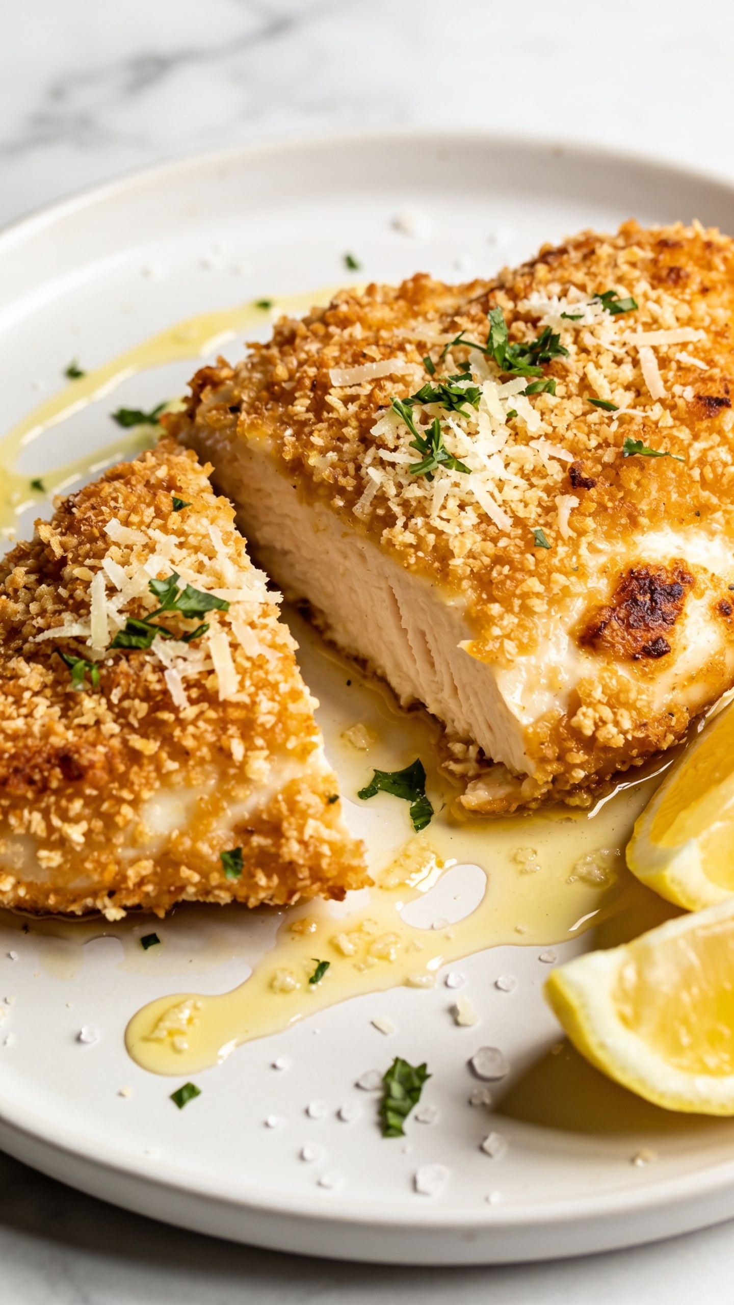 Ultra-close hero shot of Air Fryer Parmesan Crusted Chicken plated as uniform golden-brown cutlets with a shatteringly crisp Parmesan-panko crust, faint blistered cheese spots, and juicy interior hinted at on a sliced edge; served on a matte white plate with a light drizzle of glossy garlic-butter and a shower of finely grated Parmesan and micro-chopped parsley; lemon wedges tucked to the side with a subtle sheen; tiny salt flakes catching the light; background softly blurred marble; bright natural side lighting, shallow depth of field, 90â95% frame filled with the chicken, premium food-blog styling, vibrant yet natural colors.