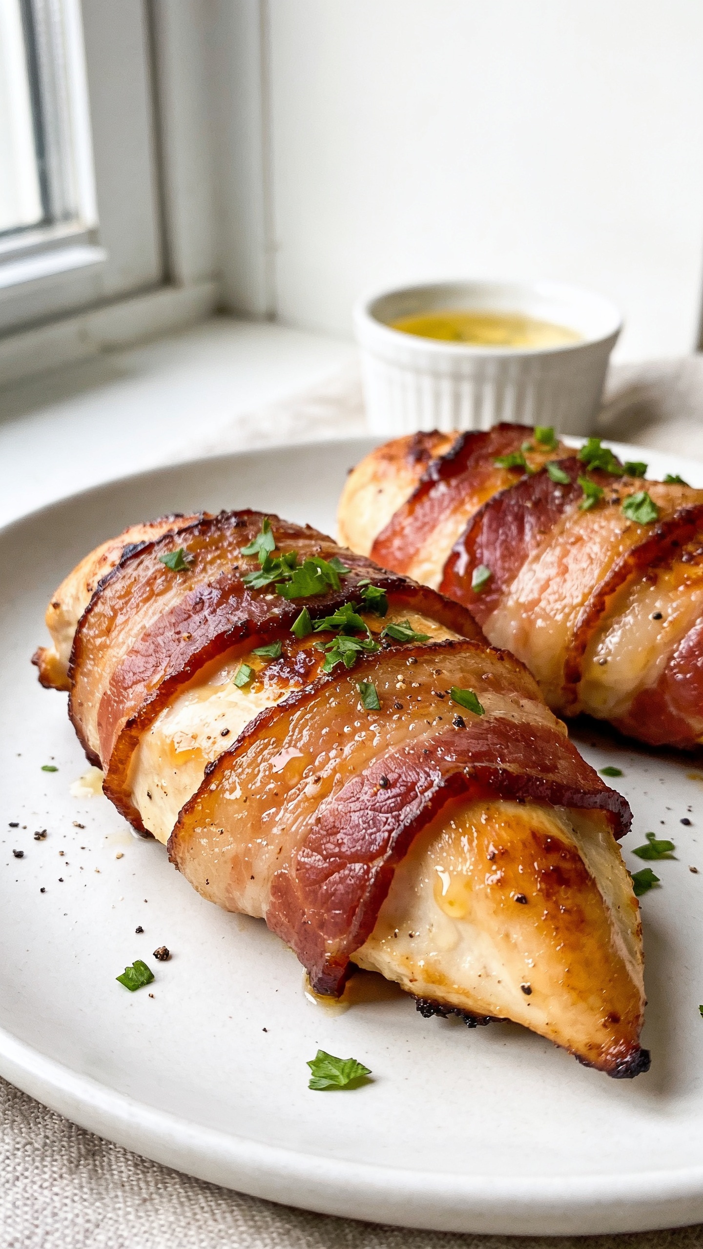 Ultra-close-up hero shot of two air fryer bacon-wrapped chicken breasts on a matte white plate, filling 90–95% of the frame. Bacon is tightly spiraled around plump, 6–8 oz chicken breasts with deep mahogany, ultra-crispy edges and glossy rendered fat highlights. The chicken is juicy with a light golden glaze brushed over the bacon, tiny beads of moisture catching the light. A sprinkle of freshly chopped parsley adds a pop of green, with a few coarse black pepper flecks. Bright natural window light from the left, soft shadows to the right, shallow depth of field with only the front breast in razor focus. Minimal styling: a small ramekin of garlic butter glaze just out of focus, neutral linen beneath plate. No text, no hands, no people.