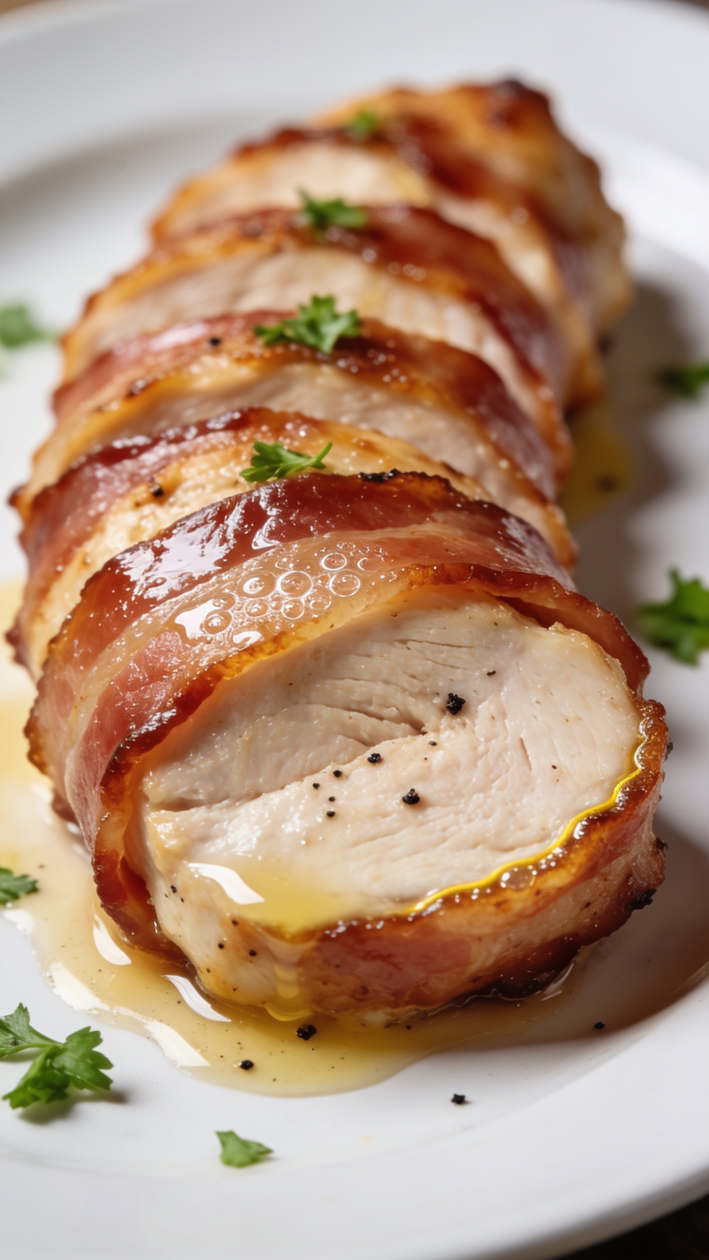 Macro close-up of a single bacon-wrapped chicken breast sliced into thick medallions to reveal the juicy interior, arranged slightly fanned out on a clean white plate. Focus on the front slice: glassy bacon sheen, crisp, rendered edges with micro-bubbles, and a moist, tender chicken center. A light, buttery glaze pooled along the slice edges with tiny black pepper specks and fresh parsley scattered. Bright, natural side lighting creates appetizing highlights and gentle shadows; shallow depth of field blurs rear slices. Food dominates 90–95% of the frame, premium food-blog styling, no extra props, no text, no people.