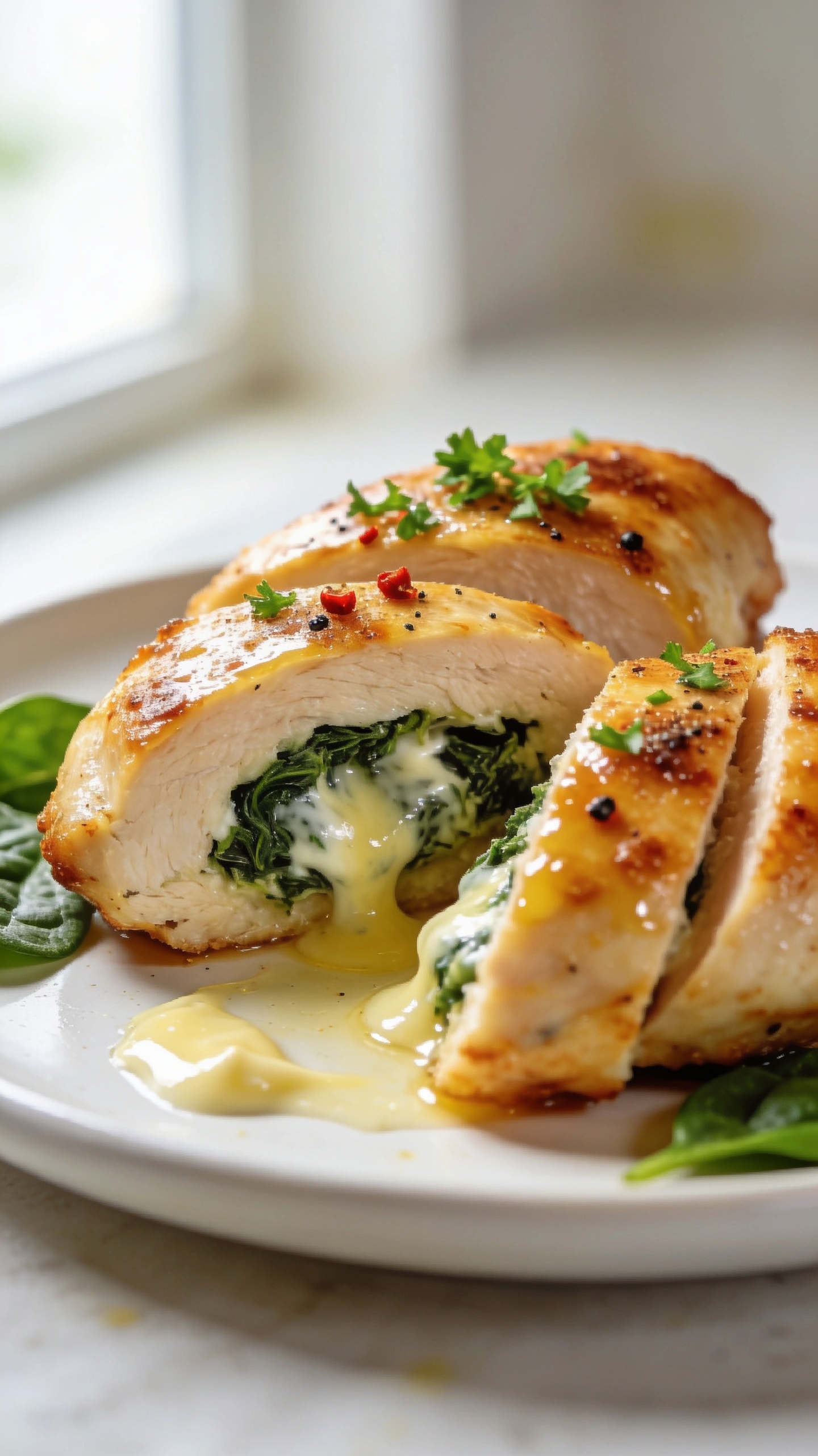 Ultra-close hero shot of air fryer cheesy spinach stuffed chicken breast sliced to reveal a molten, garlicky spinach-cream cheese filling, golden-brown and crispy on the outside with light blistering, glossy butter-garlic sheen, a few flecks of red pepper and black pepper on top, and finely chopped fresh parsley sprinkled for color; served on a simple white plate with a minimal smear of garlic butter and a few spinach leaves for context; bright natural window light from the left, shallow depth of field, creamy bokeh background, food filling 90–95% of frame, premium food-blog styling.
