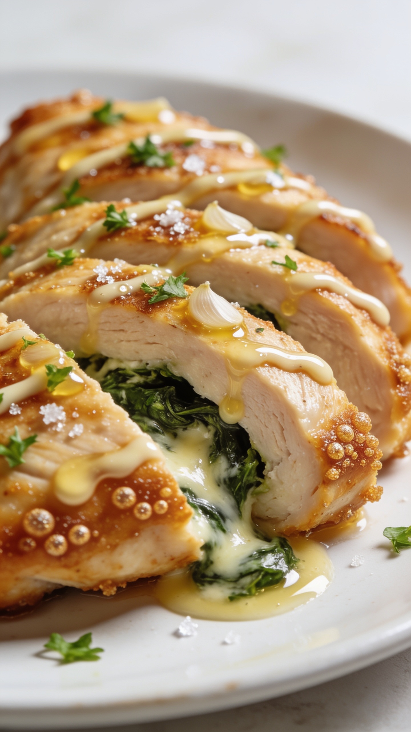 Extreme close-up from a lower angle focusing on the sliced stuffed chicken breast’s interior: gooey spinach-cheese core pooling slightly onto the plate, glossy garlic-butter drizzled over the top and beading along the crisp ridges, fine parsley confetti and a pinch of flaky salt visible, edges deeply golden with tiny crunchy bubbles; bright natural light with gentle highlights, shallow depth of field isolating textures, food filling 90–95% of frame, same plate and styling as the hero for a cohesive shoot.