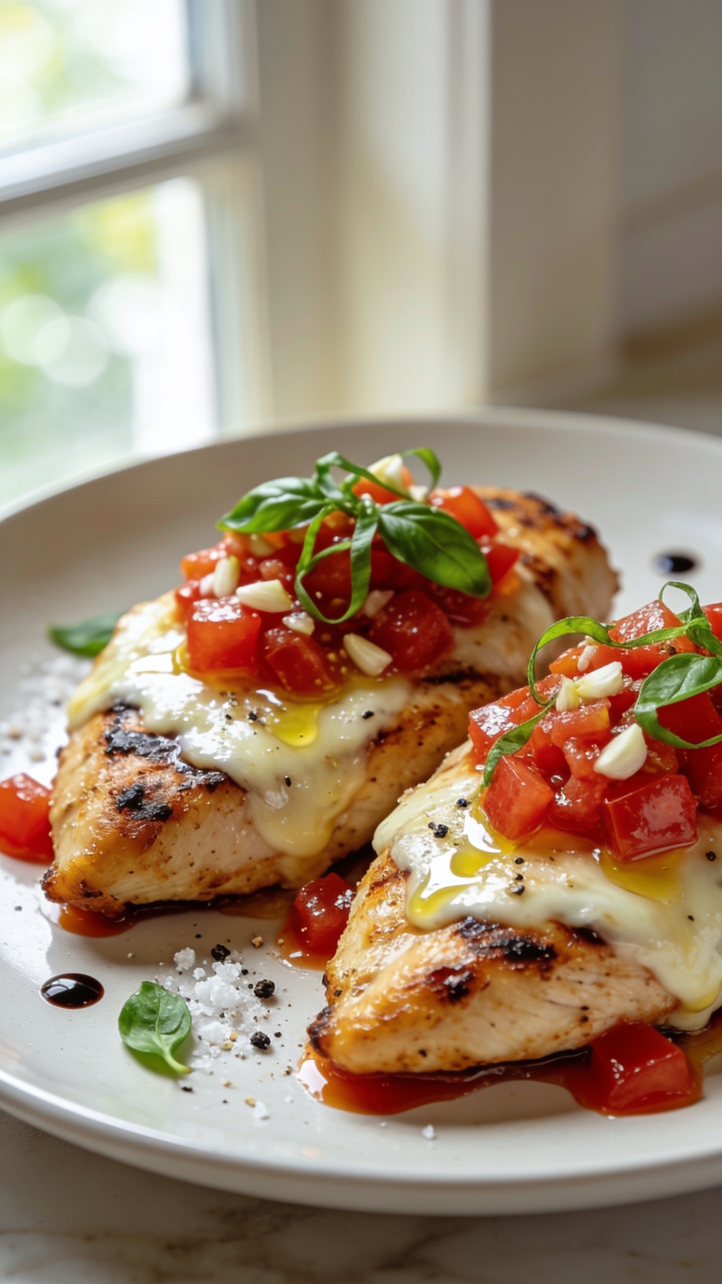 Ultra-close, hero shot of air fryer bruschetta chicken on a matte white plate: two juicy boneless chicken breasts with lightly charred, crispy edges, blanketed in melted mozzarella that’s glossy and slightly bubbled, crowned with a heaping, glistening bruschetta topping of diced ripe tomatoes, finely minced garlic, extra-virgin olive oil sheen, thin ribbons of fresh basil, and a sprinkle of coarse sea salt and cracked black pepper. A few drops of balsamic glaze delicately drizzled around the chicken, with tiny tomato juices pooling at the edges. Bright natural window light from the left, shallow depth of field, creamy bokeh, food filling 90–95% of the frame, no hands, no text, premium food-blog styling with vibrant reds, fresh green basil, and golden-brown chicken.