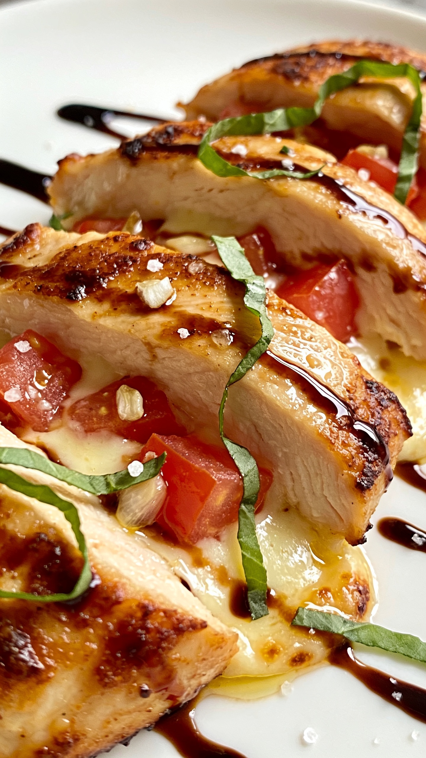 Macro close-up from a 45-degree angle, focusing on texture: the same plated air fryer bruschetta chicken with deeply golden, crisped edges, cheese melted and slightly blistered, glossy diced tomatoes nestled into the cheese, thin basil ribbons scattered freshly over top, and a gentle drizzle of balsamic glaze zigzagging across the surface. Highlight the juicy sheen on the sliced surface of chicken, visible garlic bits and olive oil gloss in the bruschetta, a few coarse salt flakes catching the light. Bright natural lighting, shallow depth of field, tight crop with food filling 90–95% of the frame, consistent styling with the other images, no hands, no text.