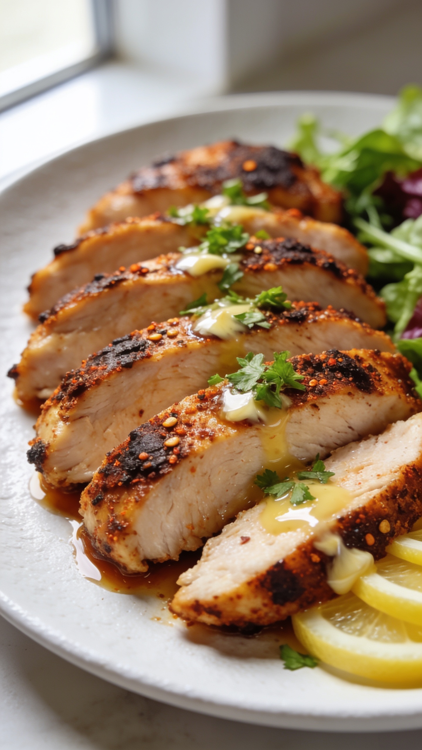 Ultra-close-up hero shot of Air Fryer Blackened Chicken: thick, juicy boneless chicken breasts sliced and fanned on a matte white plate, each piece coated in a deeply charred, Cajun-spiced crust with visible paprika and cracked pepper; glistening juices pooling lightly at the base; a glossy drizzle of melted garlic butter clinging to the crust; a tight sprinkle of fresh chopped parsley and a few thin lemon wedges tucked at the edge; side of simple mixed greens barely peeking in the background blur; bright natural window light from the left, shallow depth of field, crisp edges and tender center visible, food filling 90–95% of frame, premium food-blog styling.