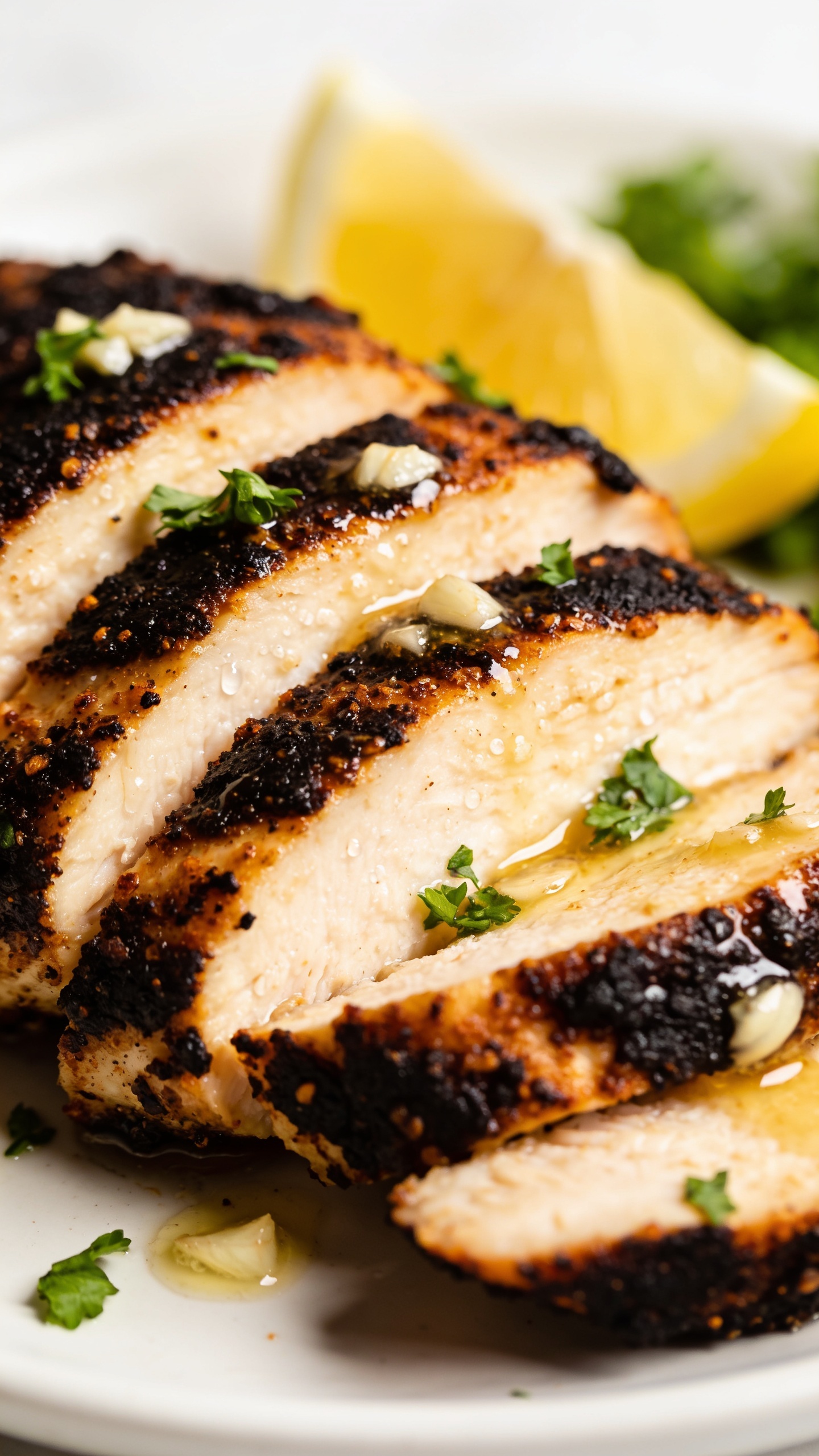Macro detail close-up from a low 3/4 angle: sliced Air Fryer Blackened Chicken stacked slightly overlapping to showcase the contrast between the smoky, blackened crust and the juicy, pale interior; micro-beads of moisture on the cut surface, crispy spice edges catching the light; a light shimmer of garlic butter and a dusting of fresh parsley; a soft-focus lemon wedge and a hint of greens in the back; bright natural side light, shallow depth of field, rich, vibrant color, food filling 90–95% of frame, same plating as the other shots.