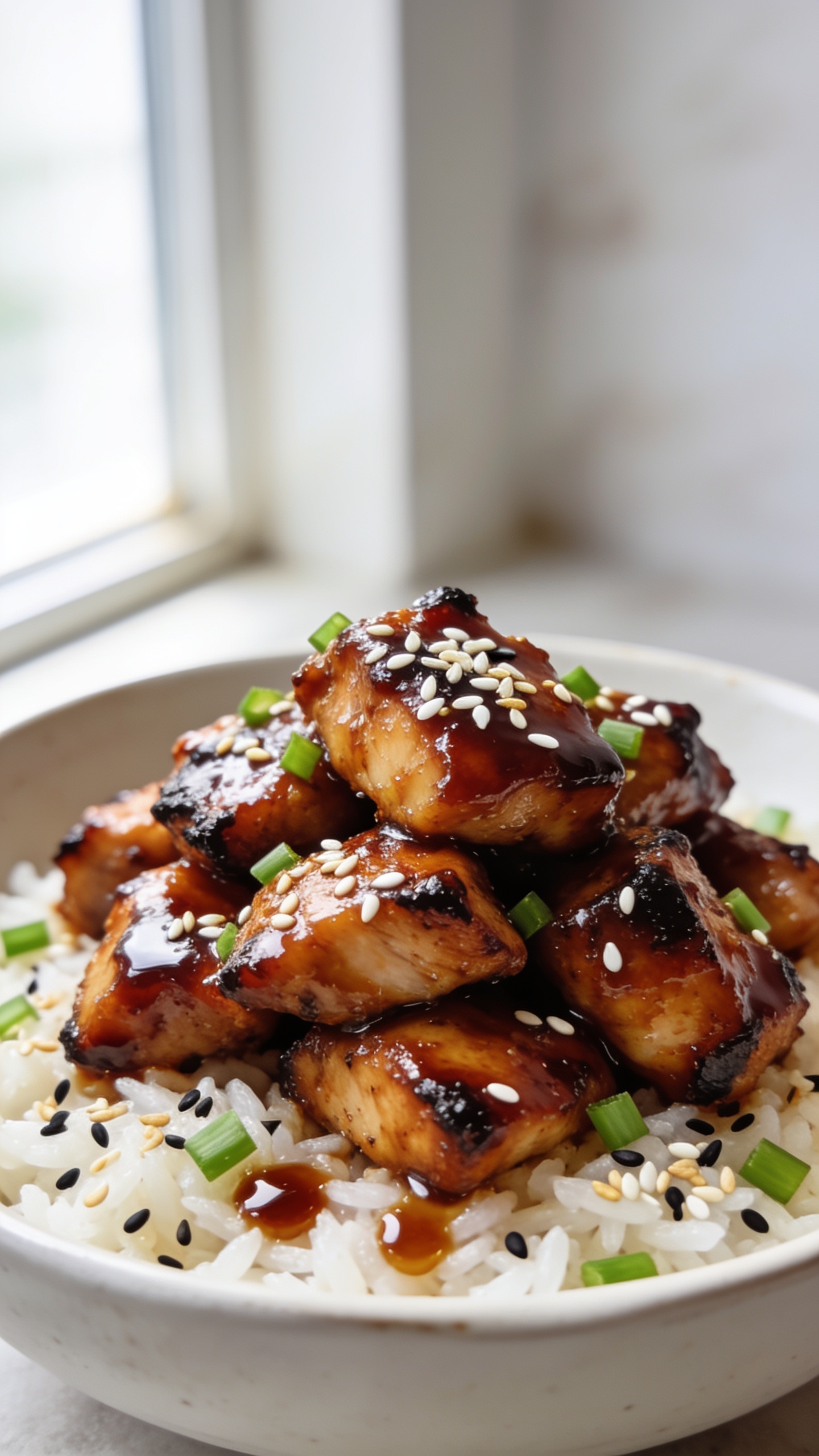Ultra-close hero shot of air fryer teriyaki chicken thigh pieces, bite-size and glossy, piled high in a shallow white ceramic bowl over a bed of steaming jasmine rice, edges slightly charred and caramelized, thick mahogany-brown teriyaki glaze clinging to every piece, scattered with finely sliced green onions and a generous sprinkle of toasted white and black sesame seeds, a few glistening sauce puddles on the rice, bright natural window light from the left, shallow depth of field with background softly blurred, premium food-blog styling, 90–95% of frame filled with the dish, vibrant, juicy textures front and center.