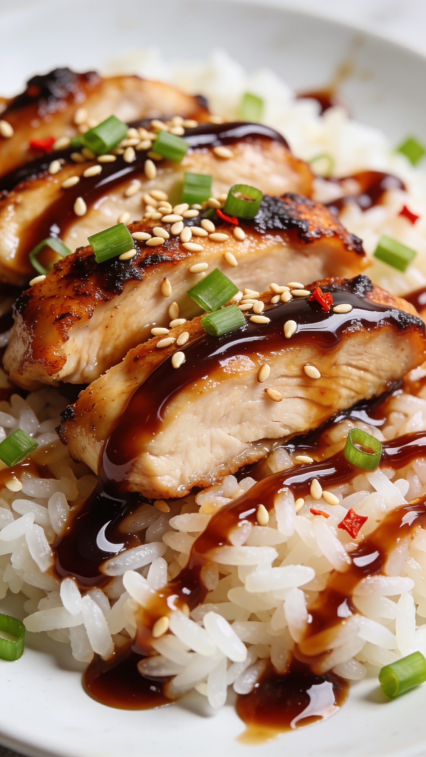 Macro close-up from a lower angle of the same plated teriyaki chicken over jasmine rice, focusing on the crispy caramelized edges and glossy glaze pooling in the rice grains, extra spooned-on teriyaki glaze visible in thick swirls, sprinkled with toasted sesame seeds and finely sliced green onions, a few flecks of red chili for contrast, bright natural side light highlighting shine and texture, shallow depth of field, premium food-blog look, 90–95% of frame filled with the dish.