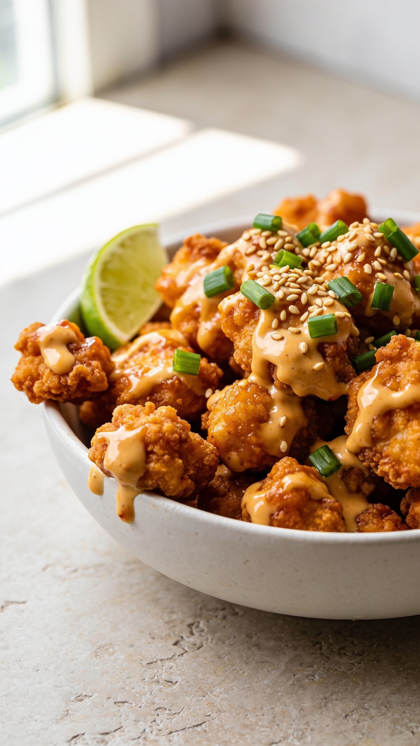 Ultra close-up hero shot of Air Fryer Bang Bang Chicken: bite-sized, extra-crispy golden chicken pieces tossed in a glossy, creamy bang bang sauce (mayo + sweet chili + sriracha) that clings to the craggy coating; scattered finely sliced green onions and a sprinkle of toasted sesame seeds on top; served in a shallow white ceramic bowl with a small wedge of lime tucked at the edge; a few sauce-kissed pieces resting on the rim for depth; bright natural window light from the left, soft shadows, shallow depth of field, vibrant warm tones, food filling 90–95% of frame, premium food-blog styling on a neutral light stone surface.