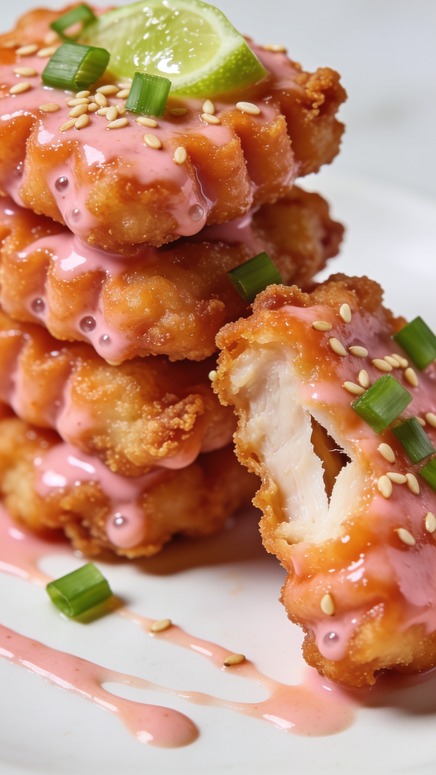 Extreme macro close-up at a 45-degree angle of the same finished Bang Bang Chicken: stacked saucy nuggets showing ultra-crisp ridges under the shiny pink-orange glaze, micro-beads of sauce pooling in the crevices, edges still crunchy; garnished with finely sliced green onions and toasted sesame seeds, a light squeeze of lime glistening on the surface; a few clean sauce streaks on the plate for motion; bright natural top-side light, shallow depth of field emphasizing juicy interior visible through a small crack in one piece, food filling 90–95% of frame, cohesive with the first two images.