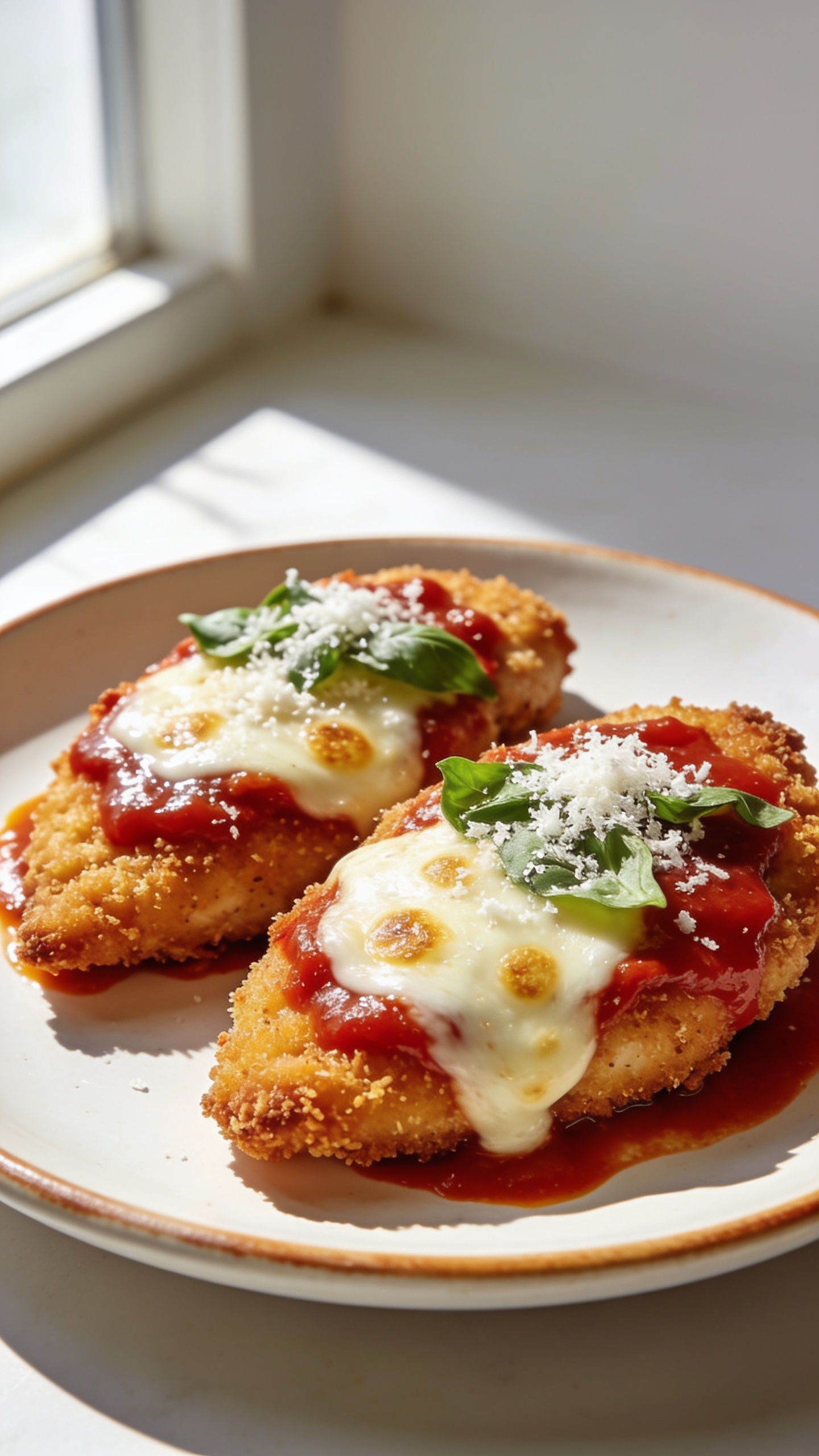 Ultra-close hero shot of Air Fryer Chicken Parmesan: two golden panko-Parmesan breaded chicken cutlets topped with glossy marinara, bubbling melted mozzarella with light golden blistered spots, and a final snowfall of freshly grated Parmesan and torn basil leaves. The cutlets rest on a warm white ceramic plate with a light smear of marinara peeking at the rim, no sides, no utensils. Bright natural window light from the left, soft shadows, shallow depth of field emphasizing crispy edges and melty cheese sheen, vibrant reds and greens. Food fills 90â95% of the frame, premium food-blog styling, same finished look across all images.