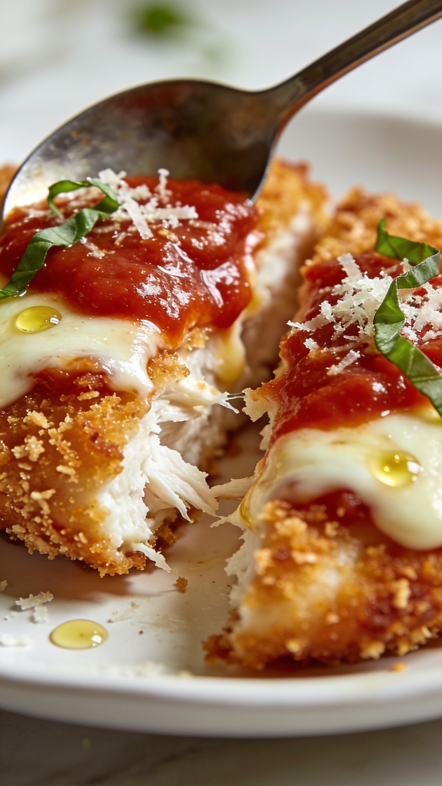 Hyper-detailed close-up from a lower angle focusing on textures: the Air Fryer Chicken Parmesan cutlet sliced to reveal moist, white interior and a shattering, golden panko-Parmesan crust, topped with a glossy spooned-on marinara layer and melted mozzarella pooling at the edges, finished with micro-grated Parmesan and small basil ribbons. A small drizzle of olive oil glints on the cheese. Bright natural lighting, shallow depth of field with bokeh background, warm white plate, no utensils, no sides. Food fills 90â95% of the frame, rich colors and crisp details, consistent with the same finished recipe.