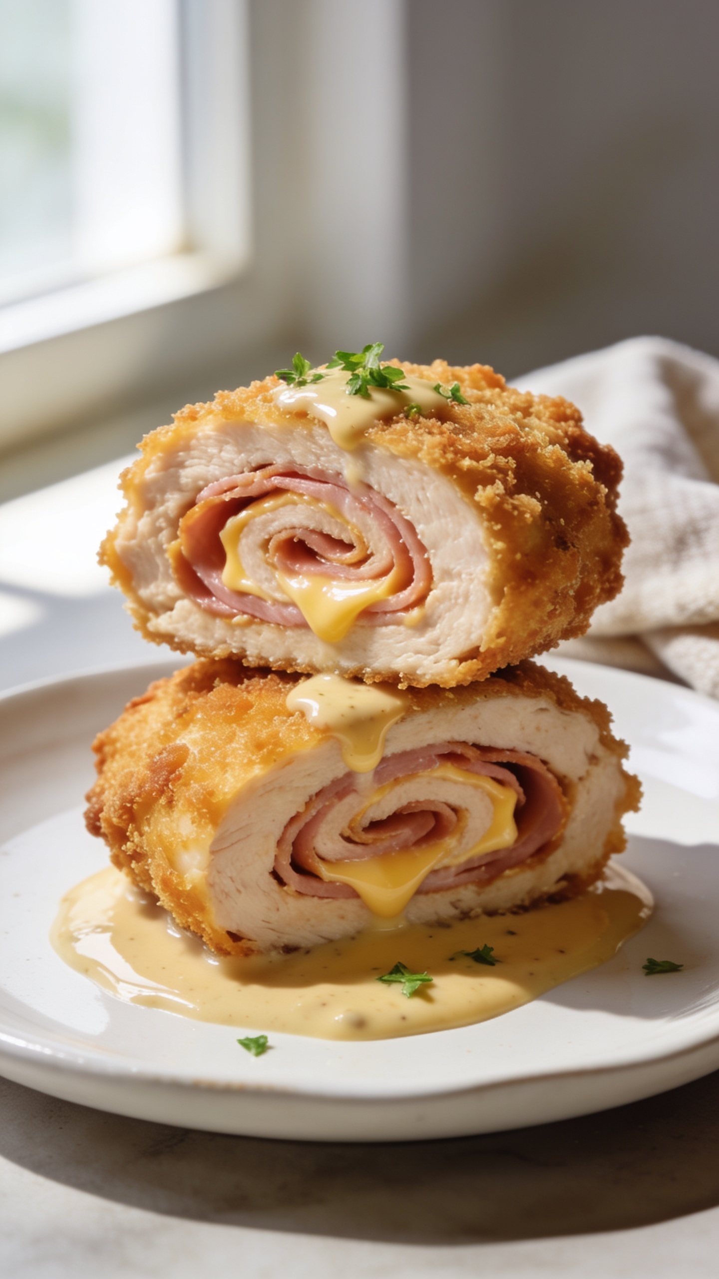 Ultra-close-up hero shot of Air Fryer Chicken Cordon Bleu, sliced to reveal spiraled layers of smoky deli ham and melty Swiss cheese inside a perfectly golden, ultra-crispy breadcrumb crust; two neatly cut pieces stacked slightly offset on a white ceramic plate with a small pool of silky Dijon cream sauce glossing the base and a light drizzle on top; tiny flecks of fresh parsley sprinkled for color; bright natural window light from the left, soft shadows, shallow depth of field, background blurred with a hint of a linen napkin; food fills 90–95% of frame, textures sharp: crunchy edges, juicy chicken, glossy sauce.