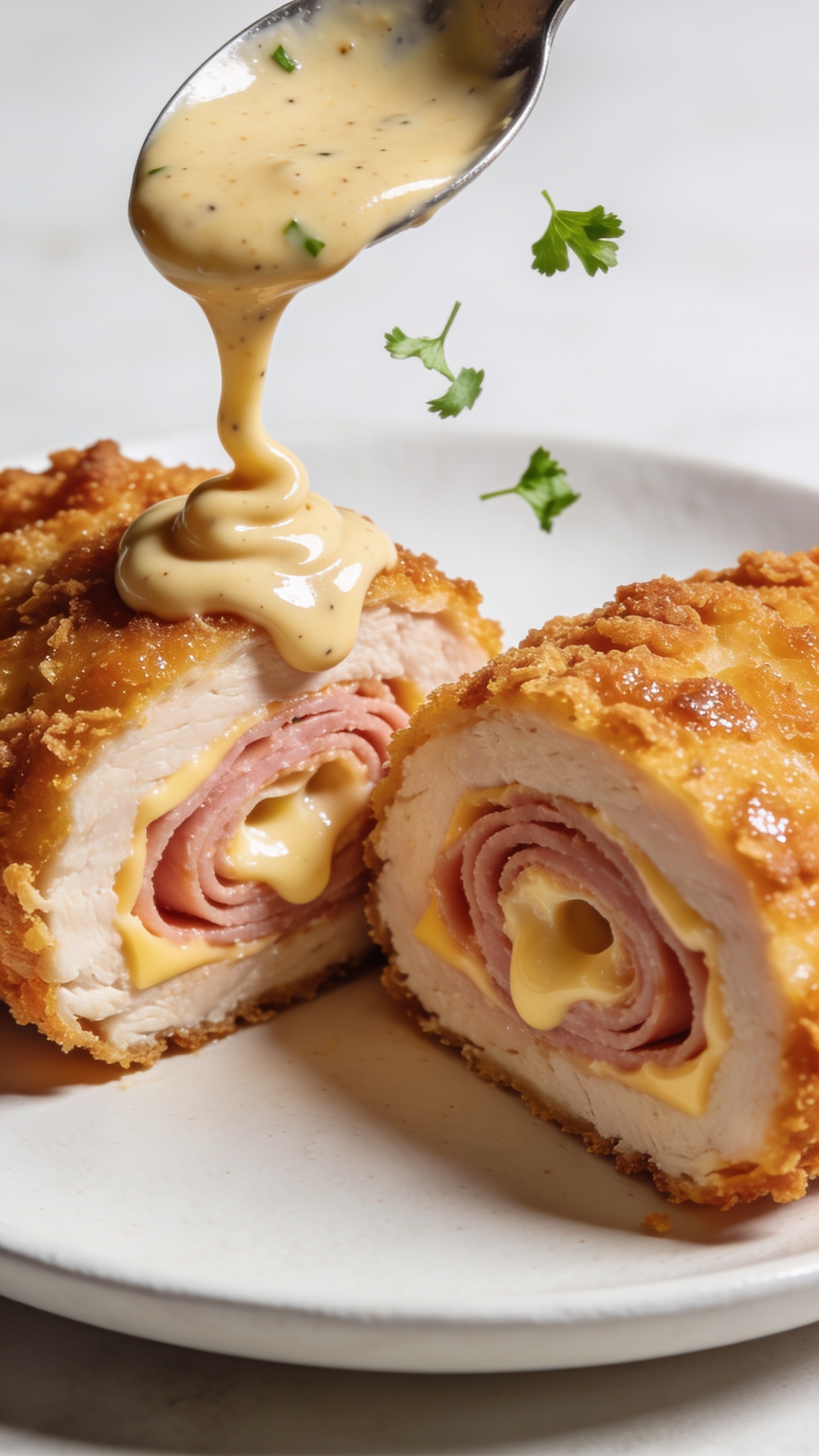 Macro angle from slightly above: two thick slices of Air Fryer Chicken Cordon Bleu arranged end-to-end on a matte white plate, edges of the crumb glistening golden and craggy; the cut faces showcase tight spirals of ham and Swiss with pockets of creamy melt; a spoonful of velvety Dijon cream sauce freshly spooned over the top, settling into glossy waves, with a few micro-chopped parsley leaves falling midair; bright natural side light, shallow depth of field, minimal background props, food fills 90–95% of frame, highlighting crispy crust, juicy interior, and rich, glossy sauce.