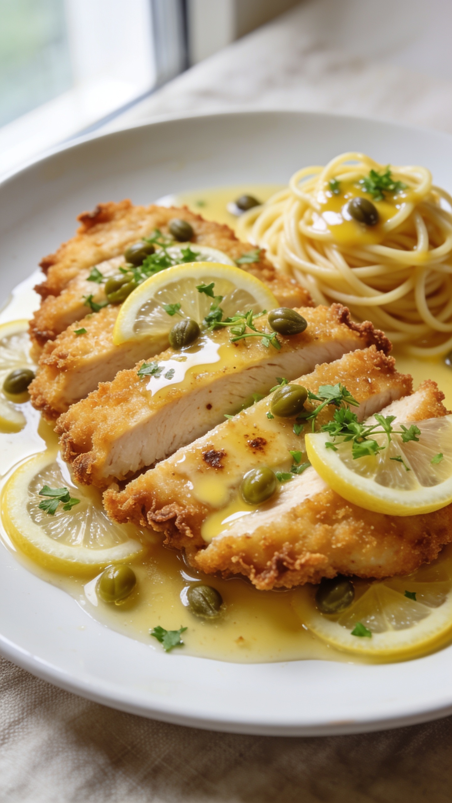 Ultra-close-up hero shot of Air Fryer Chicken Piccata plated on a shallow white ceramic plate: golden, crispy breaded chicken cutlets sliced on a bias, edges still craggy and crisp, nestled in a glossy butter-lemon pan sauce pooling around them; briny capers scattered generously, thin lemon wheels and micro-chopped parsley sprinkled over the top; a light sheen of melted butter clinging to the chicken’s surface with tiny browned bits; served alongside a small mound of al dente angel hair lightly coated in the same sauce for cohesion; bright natural window light from the left, soft bounce on the right, shallow depth of field with the front cutlet in razor focus; food fills 90–95% of the frame; colors vibrant—golden chicken, vivid green parsley, translucent lemon slices, olive-green capers—premium food-blog styling on a neutral linen background.