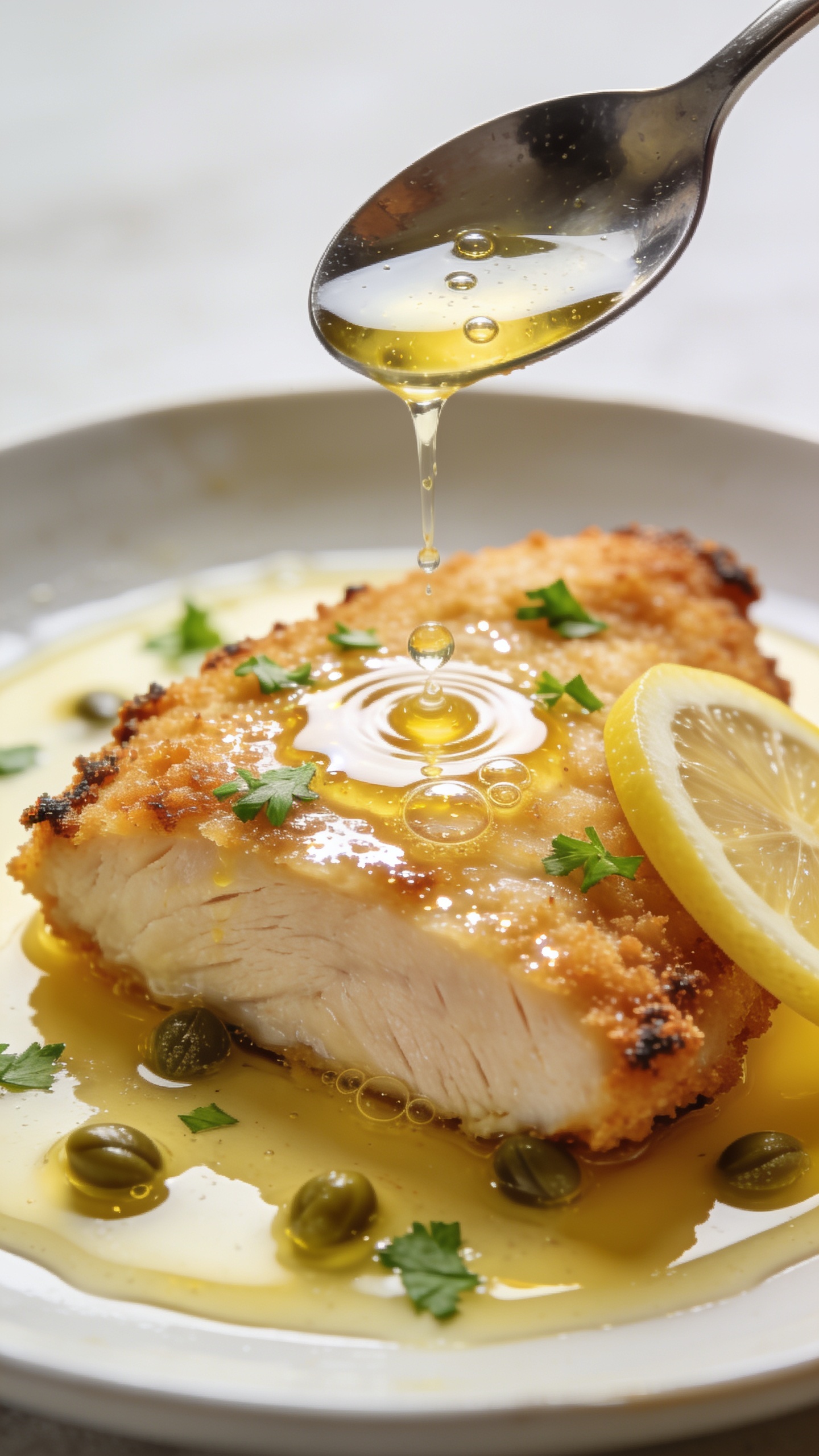 Extreme macro close-up from a low 3/4 angle of the same finished dish: focus on one chicken cutlet half resting in a shallow pool of lemon-butter sauce with capers; a spoonful of sauce just poured moments earlier leaves tiny ripples and suspended droplets on the cutlet’s surface; visible micro-bubbles of butter emulsion, finely chopped fresh parsley scattered, a thin lemon slice leaned against the cutlet edge; crisp breading texture highlighted with specular highlights, edges still dry-crisp while the center glistens; bright natural side light, shallow depth of field isolating the cutlet and sauce; food dominates 90–95% of frame with neutral, minimal background for a premium food-blog look.