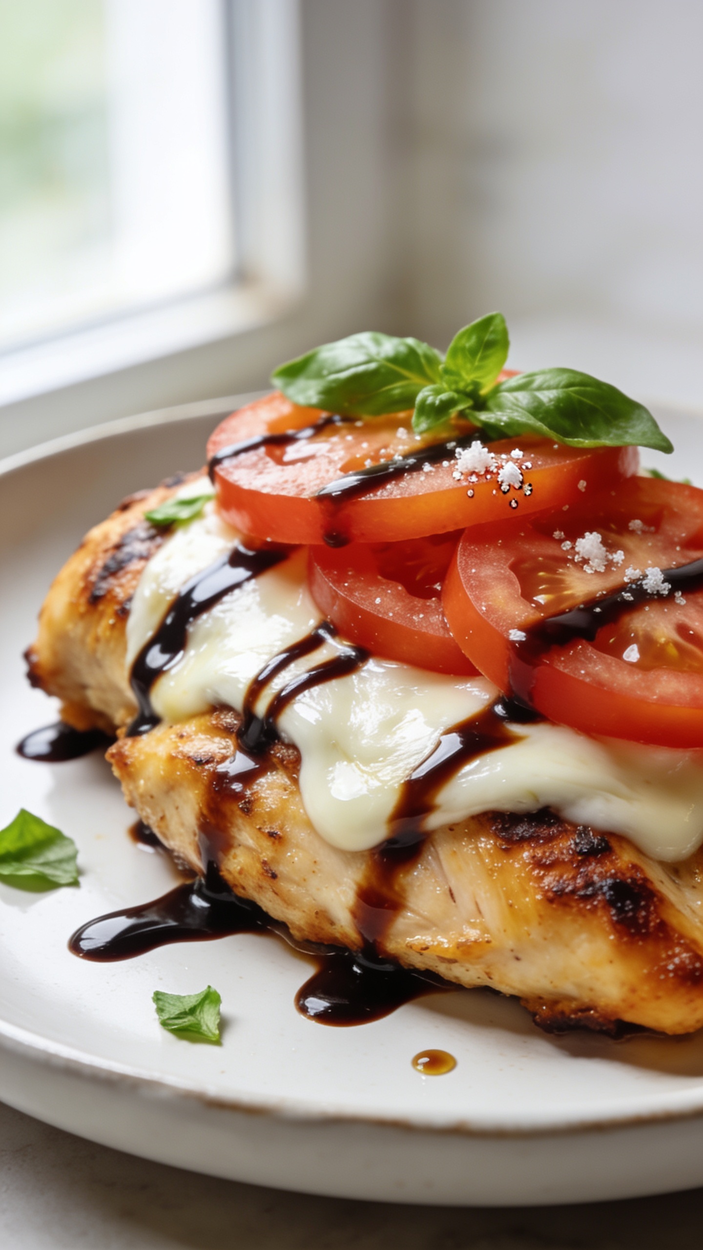 Ultra-close, hero shot of Air Fryer Chicken Caprese plated on a matte white rimmed plate: juicy golden-brown chicken breast with caramelized edges, blanketed in melted fresh mozzarella that’s just pooled and glossy, topped with overlapping peak-summer tomato slices and fresh basil leaves; thick balsamic glaze drizzled in lustrous ribbons across the cheese and around the plate, a few coarse sea salt flakes visible on the tomatoes; bright natural window light from the left, shallow depth of field with the front edge of the chicken tack-sharp and the background softly blurred; food fills 90–95% of frame, no text, no hands, premium food-blog styling with a few stray basil confetti on the plate and tiny droplets of balsamic glistening.