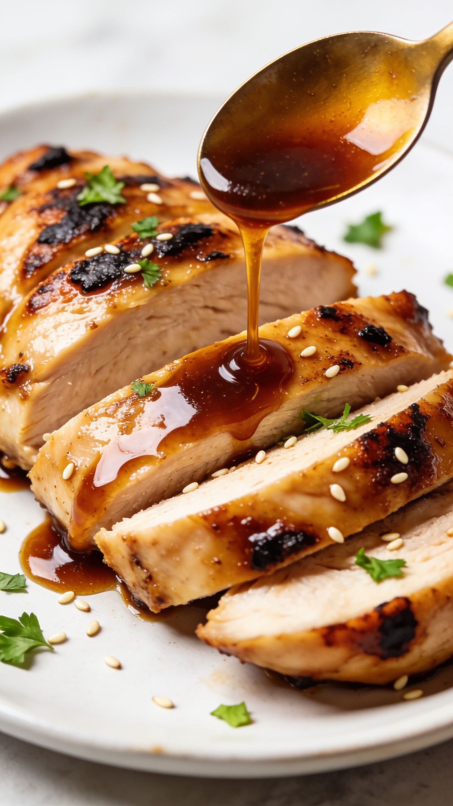 Extreme close-up angled from slightly above: the same finished chicken thighs sliced and fanned, a warm spoon-drizzle of extra brown sugar glaze being poured in a thin, glossy stream over the top slice, highlighting lacquered sheen and caramelized edges; tiny charred bits and glistening sauce pools visible, fresh parsley flecks and sesame seeds scattered naturally; bright natural light, shallow depth of field, neutral background blur, food dominates 90–95% of frame with rich textures and irresistible shine.