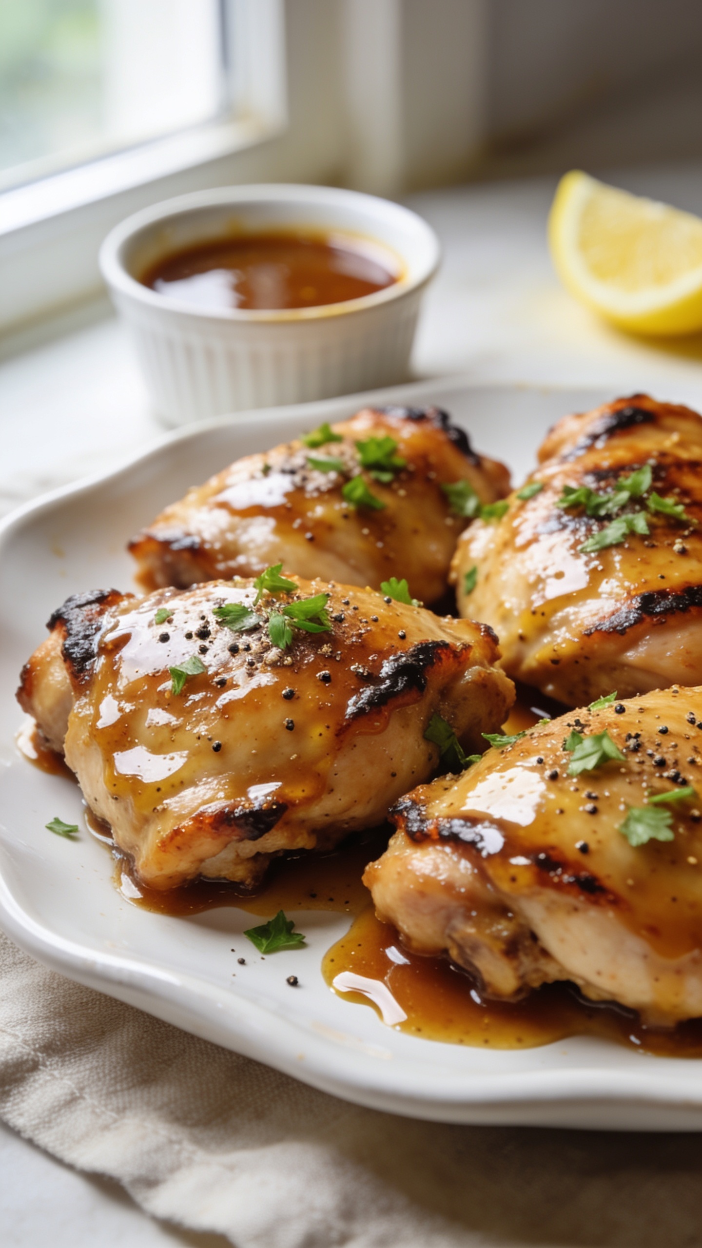 Ultra-close-up hero image of Air Fryer Maple Dijon Chicken plated family-style: thick, juicy boneless chicken thighs glazed in a glossy maple-Dijon sauce with visible caramelized edges and light char from the air fryer, arranged on a warm white ceramic platter. The glaze clings and pools slightly on the plate, with a few drips for shine. Garnish with finely chopped fresh parsley and a light sprinkle of cracked black pepper. Include a small ramekin of extra maple-Dijon glaze slightly out of focus in the background and a lemon wedge off to the side (not squeezed). Bright natural window light from the left, shallow depth of field, bokeh background, neutral linen beneath the plate, food filling 90–95% of frame, premium food-blog styling.