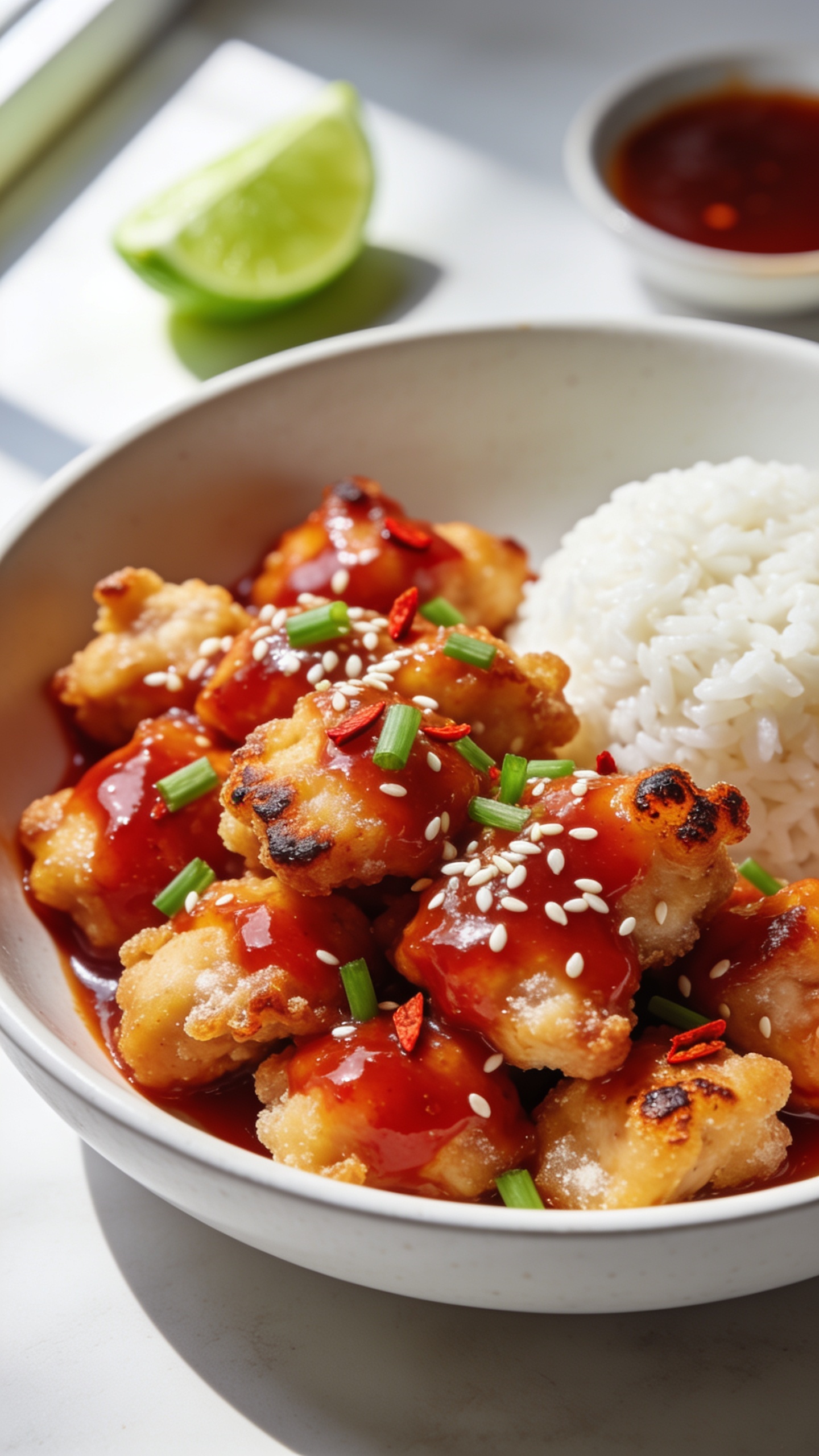 Ultra close-up hero shot of Air Fryer Sweet Chili Chicken: golden, bite-sized chicken pieces with light cornstarch crisp, coated in a glossy ruby-red sweet chili glaze, edges visibly craggy and caramelized, tiny blisters from the air fryer, scattered white sesame seeds and finely sliced green onions, a few red chili flakes for heat, served in a shallow matte white bowl with a small mound of fluffy white rice tucked to one side, a lime wedge and a small dish of extra sauce blurred in the background. Bright natural window light from the left, shallow depth of field, 90–95% of the frame filled with the saucy chicken, vibrant color contrast, premium food-blog styling with clean surface and soft shadows.