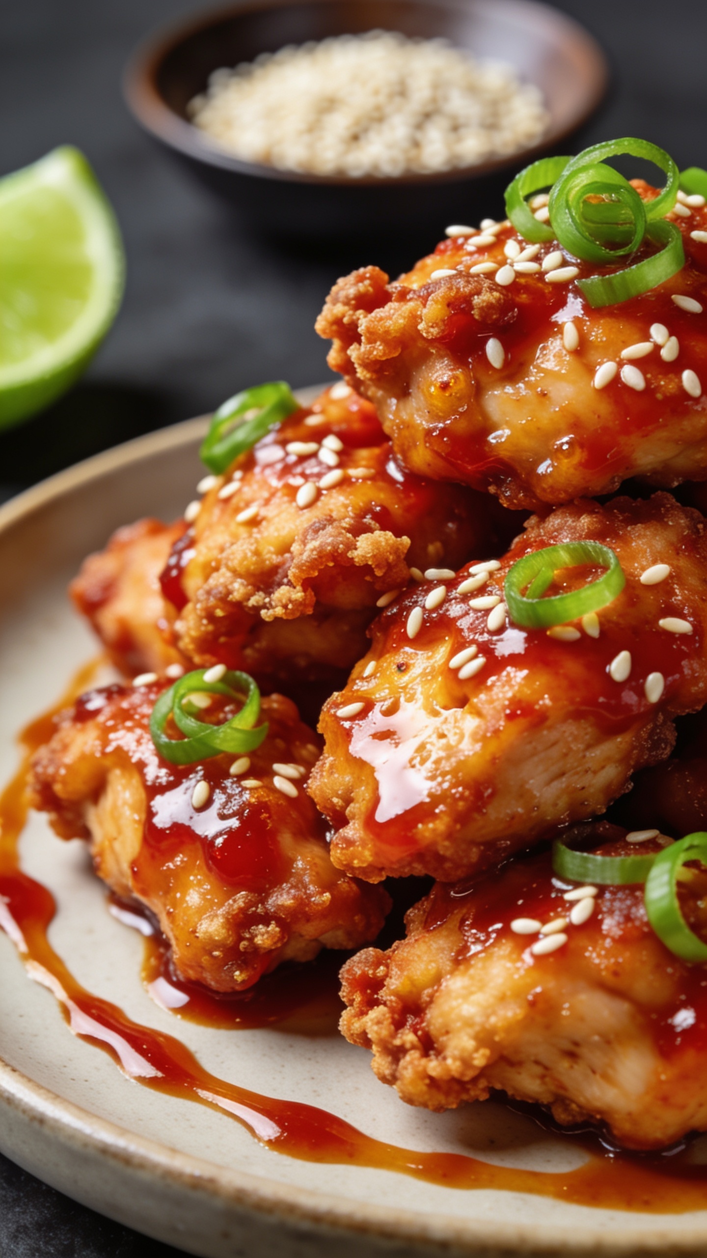 Macro close-up at a 45-degree angle focusing on texture: a tight crop of the same Air Fryer Sweet Chili Chicken piled high, showcasing crackly cornstarch-crisp edges under a lacquered sweet chili sheen, tiny air-fried blisters, sticky glaze pooling in the nooks, sesame seeds and fresh green onion curls scattered over the top. A glossy swipe of extra sweet chili sauce arcs along the rim of a neutral ceramic plate, with a blurred wedge of lime and a pinch bowl of sesame seeds in the deep background bokeh. Bright natural lighting, shallow depth of field, 90–95% of the frame filled with the saucy chicken, rich, vibrant, and irresistibly sticky-crispy.