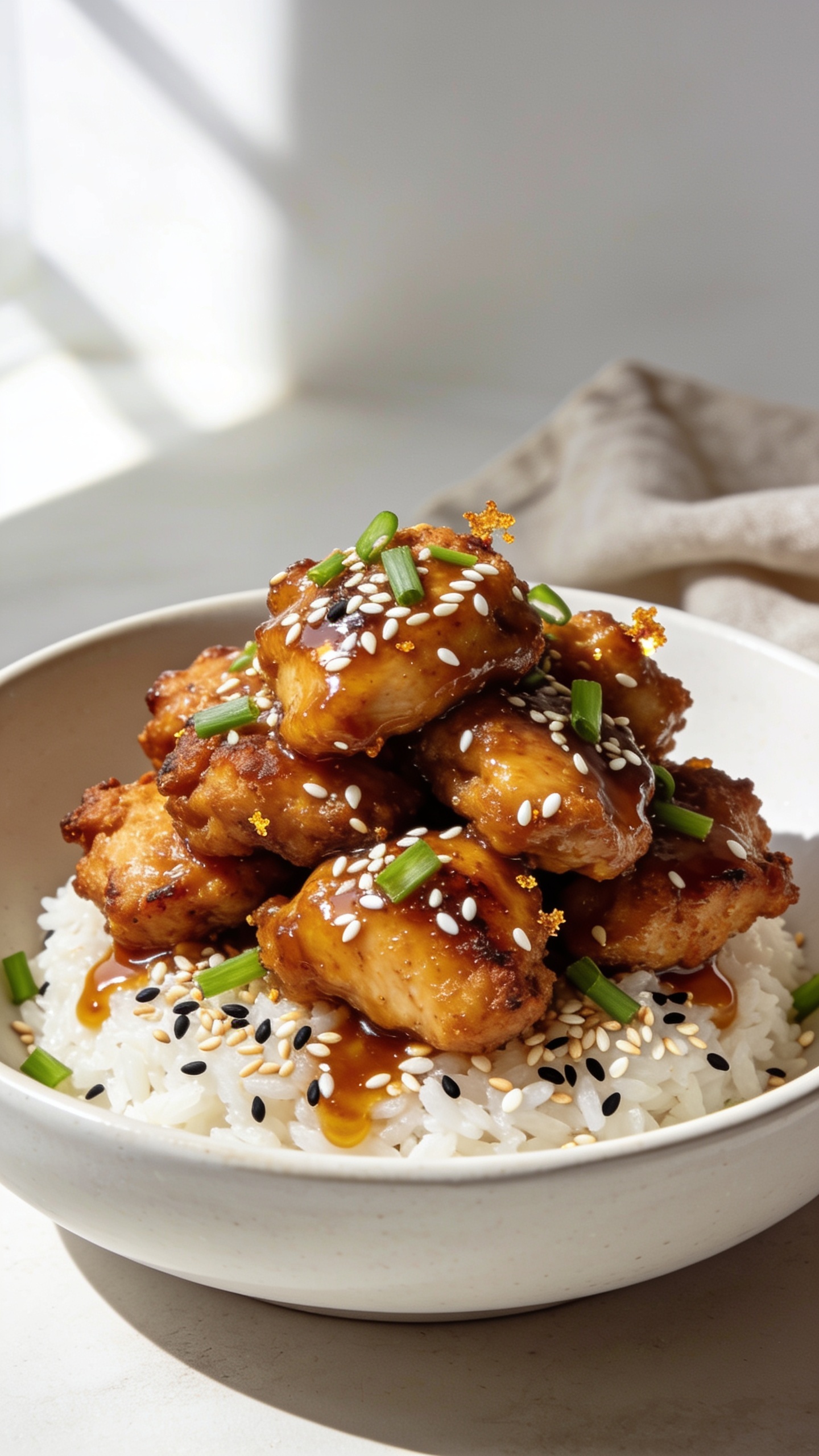 Ultra-close hero shot of Air Fryer Sesame Chicken: crispy air-fried chicken thigh bites lacquered in a glossy, sticky-sweet sesame-ginger sauce, piled high in a shallow white ceramic bowl over a small bed of fluffy white rice, generously sprinkled with toasted white and black sesame seeds and thinly sliced green onions; a few glistening sauce pools collect around the chicken, with tiny crispy edges catching the light. Bright natural window light from the left, soft shadows, shallow depth of field, 90â95% of frame filled with the dish, no hands, no text, premium food-blog styling with a clean, neutral backdrop and a subtle linen napkin blur in the background.
