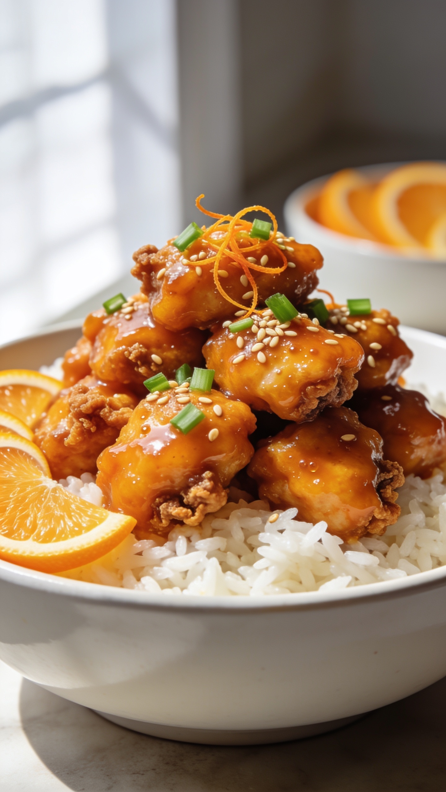 Ultra close-up hero of air fryer orange chicken piled high in a shallow white bowl over a bed of fluffy steamed jasmine rice, each bite-sized piece coated in a thick, glossy orange glaze with micro-bubbles and sheen, crispy craggy edges visible beneath the sauce, garnished with finely sliced green onions and a snowfall of toasted sesame seeds and delicate orange zest threads; a few thin half-moon orange slices tucked at the edge for color harmony; bright natural window light from the left, gentle shadows, shallow depth of field with the front pieces tack-sharp and the background bowl blur, food filling 90–95% of the frame, premium food-blog styling with warm, vibrant citrus tones.