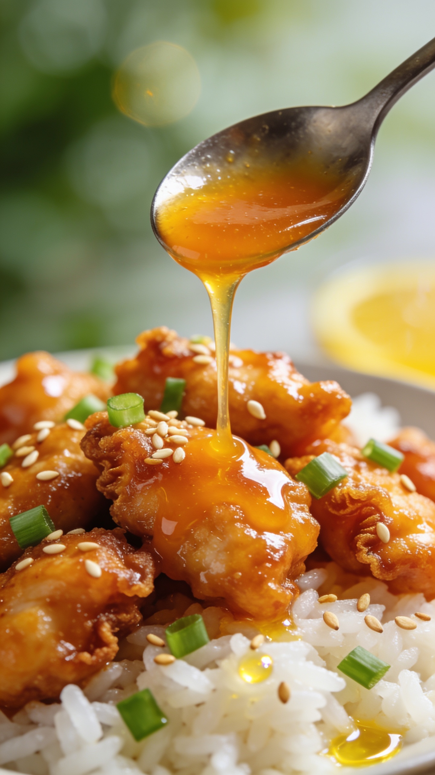 Extreme close-up side angle of the same finished orange chicken and rice, focusing on the saucy sheen and crunchy ridges; a small spoonful of extra orange glaze being poured in a thin, glistening stream over the top, catching highlights as it cascades and pools between pieces; scattered green onions and toasted sesame seeds visible, with a faint gleam of citrus oil; bright natural light, soft bokeh in the background, shallow depth of field with tack-sharp saucy textures and crispy edges; food dominating 90–95% of the frame, cohesive styling to match the hero image.