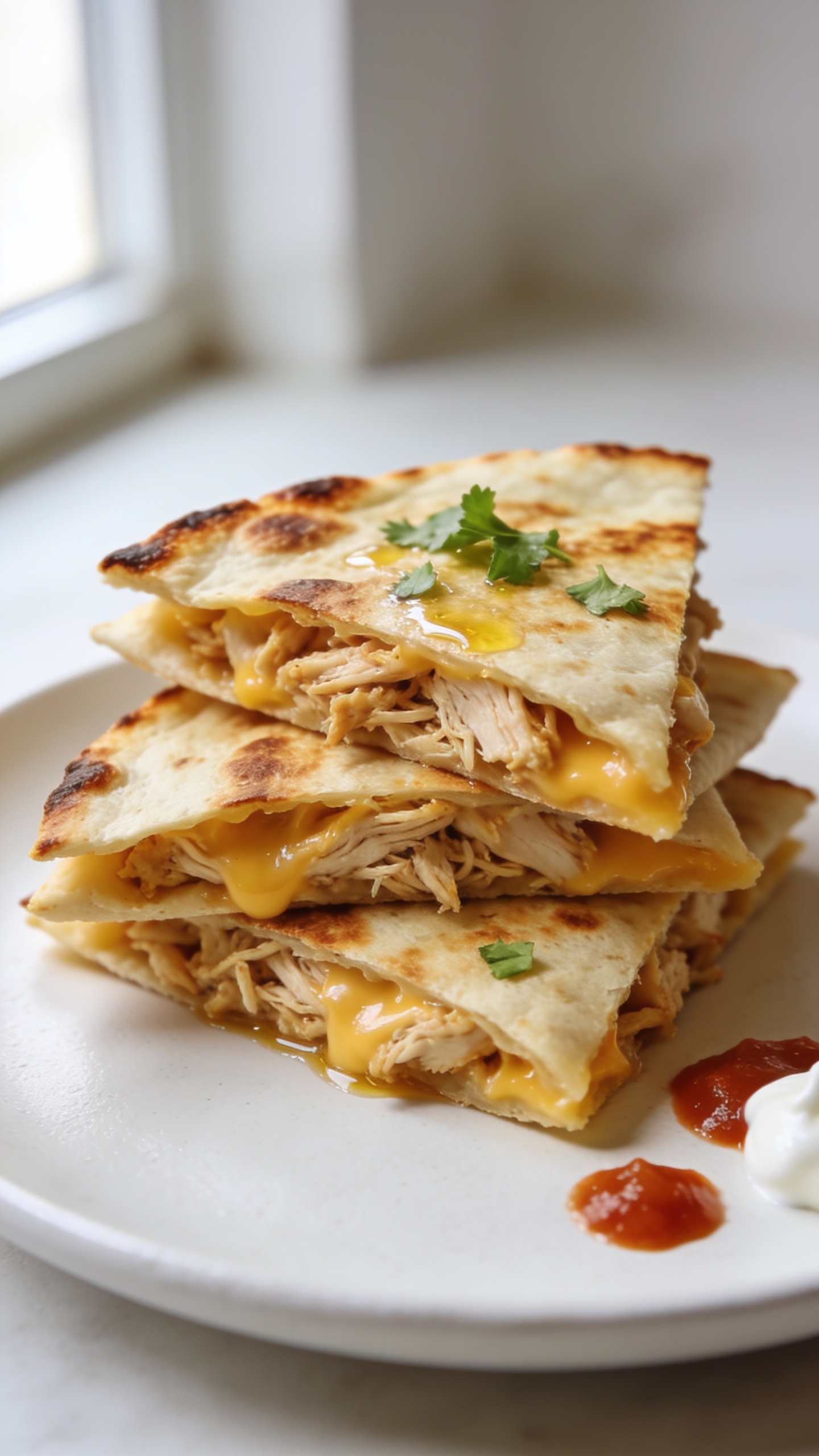 Ultra-close hero shot of an air fryer chicken quesadilla cut into neat triangles and stacked slightly overlapping on a matte white plate; golden, blistered flour tortillas with crispy, browned edges; visibly juicy shredded chicken and molten Monterey Jack/cheddar blend oozing at the seams; a light brush of oil giving a subtle gloss; a few finely chopped cilantro leaves sprinkled on top; tiny pools of salsa roja and a small dollop of sour cream tucked to the side but out of focus; bright natural window light from the left, shallow depth of field, clean neutral background, premium food-blog styling, food filling 90–95% of frame.