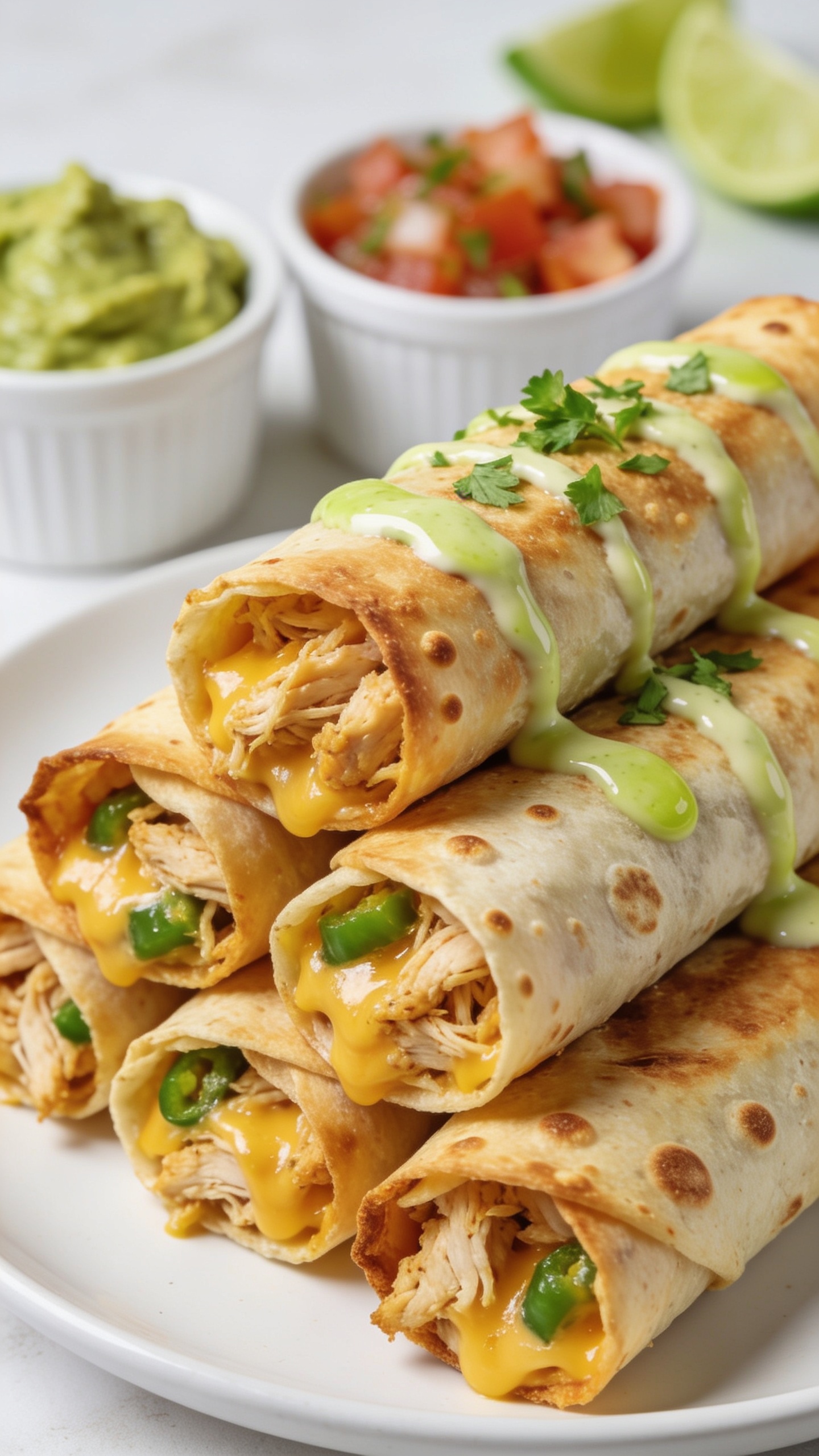 Ultra-close-up hero shot of a stack of golden-brown air fryer chicken taquitos on a matte white plate, tightly packed and aligned, each tortilla shatter-crisp with tiny blistered bubbles, ends slightly open to reveal juicy shredded chicken and melted cheddar-jack cheese with flecks of green chiles, topped with a glossy drizzle of lime crema and a light sprinkle of chopped cilantro. Small ramekins of guacamole and pico de gallo tucked close in the blurred background for context, lime wedges barely visible. Bright natural side lighting, shallow depth of field, crisp textures, warm tones, premium food-blog styling, food filling 90–95% of frame, consistent look for all images.