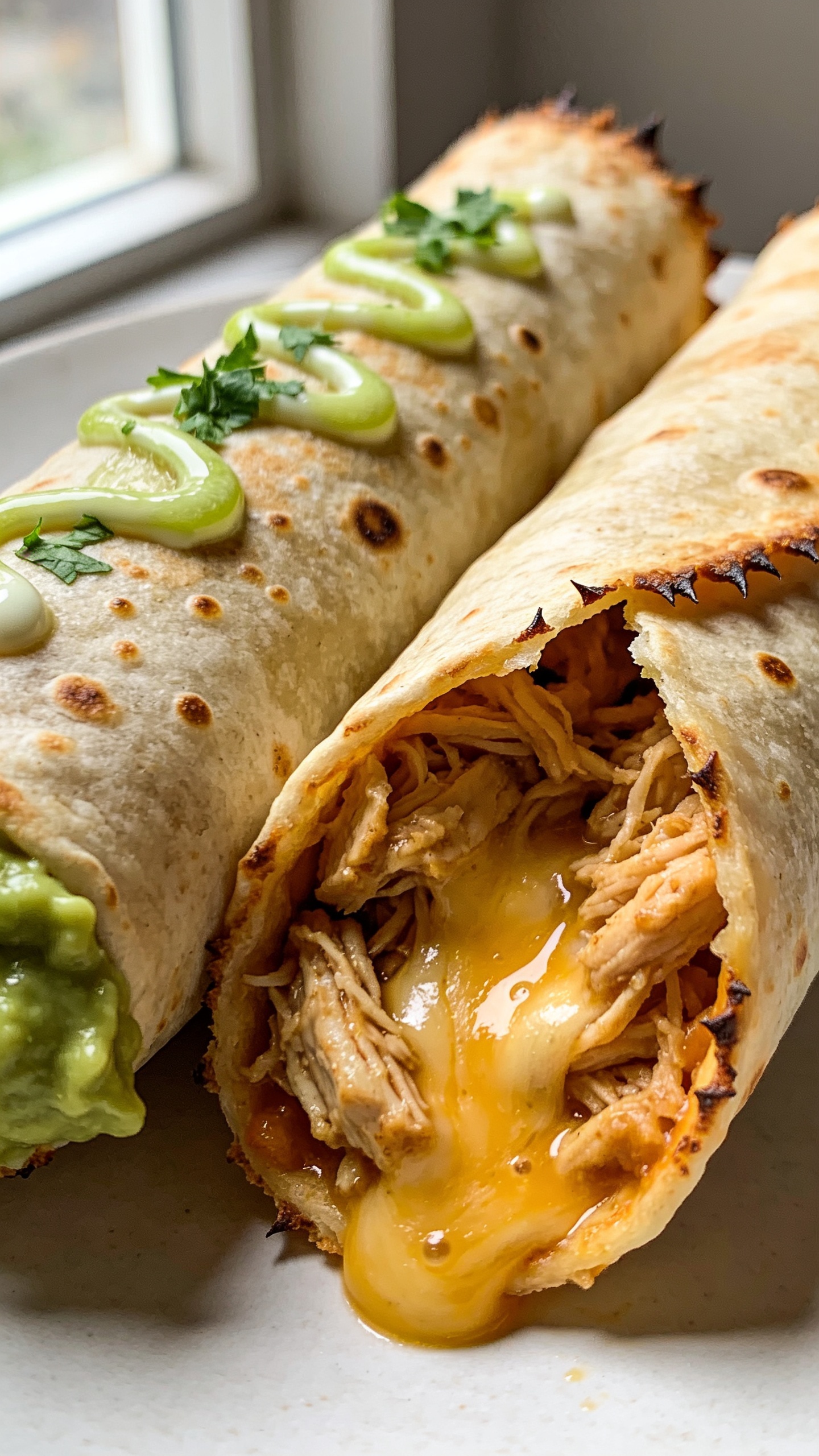 Extreme close-up angled cutaway of two taquitos side by side, one slightly split at the seam to showcase the moist shredded chicken filling, melted cheese pooling and glistening, tiny charred bubbles and sharp crispy edges on the tortillas. A delicate zigzag of lime crema and a pinch of cilantro over top, with a smear of guacamole at the edge for contrast. Natural window light from the left, soft shadows, shallow depth of field emphasizing the crunchy shell and juicy interior, vibrant but true-to-life colors, food filling 90–95% of the frame, same styling and ingredients as the other images.