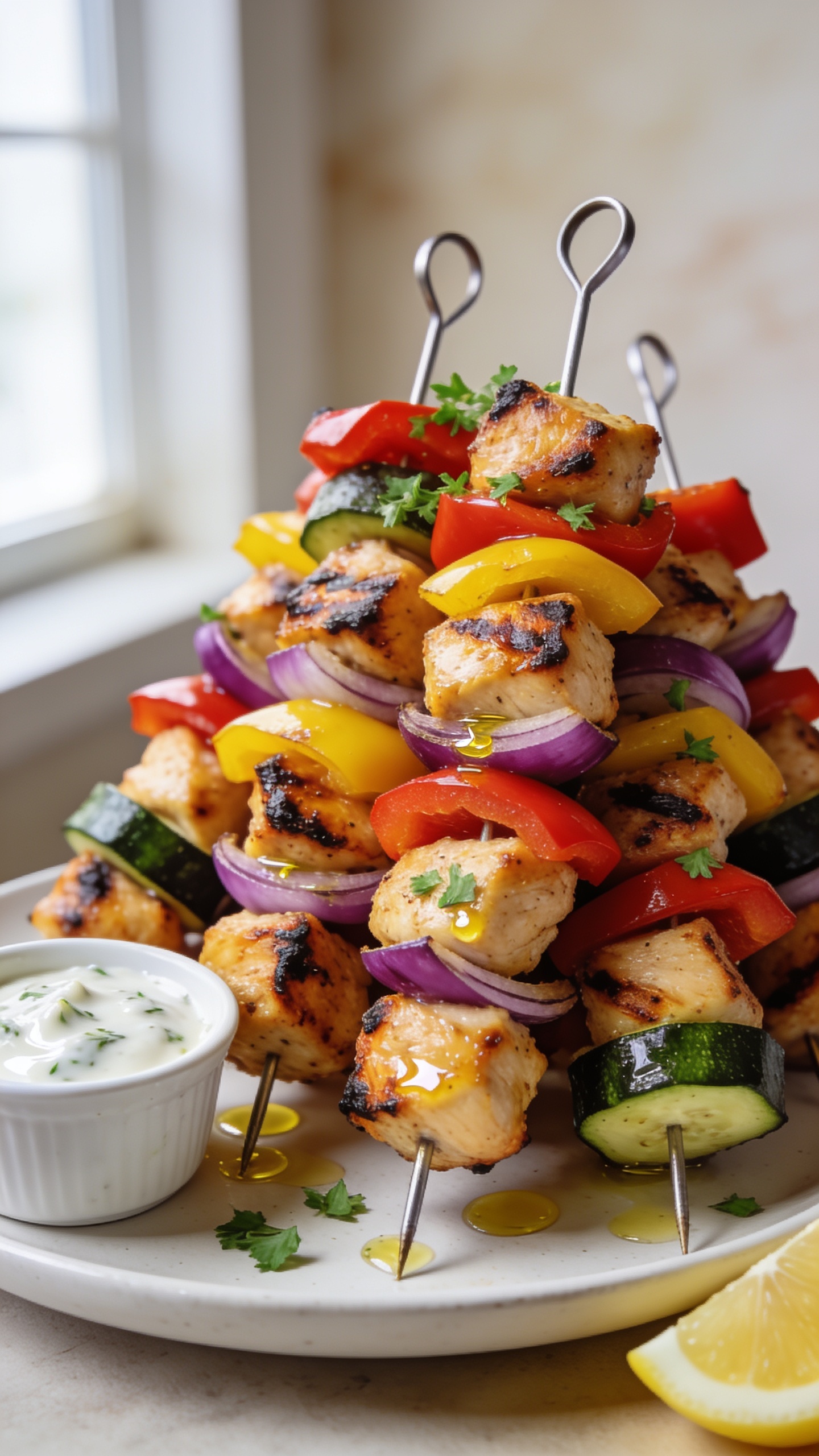 Ultra-close-up hero shot of finished air fryer chicken kabobs: juicy, lightly charred chicken cubes threaded with vibrant red bell pepper, yellow bell pepper, red onion, and zucchini on metal skewers, arranged in a tight cluster on a matte white plate with a small ramekin of glossy garlic-herb yogurt sauce on the side. Chicken is golden with caramelized edges, veggies slightly blistered with char marks, brushed with a light sheen of olive oil. Fresh chopped parsley scattered sparingly on top, a wedge of lemon tucked in the corner of the frame. Bright natural window light from the left, shallow depth of field, creamy background blur, warm neutral backdrop, food filling 90–95% of the frame, premium food-blog styling.