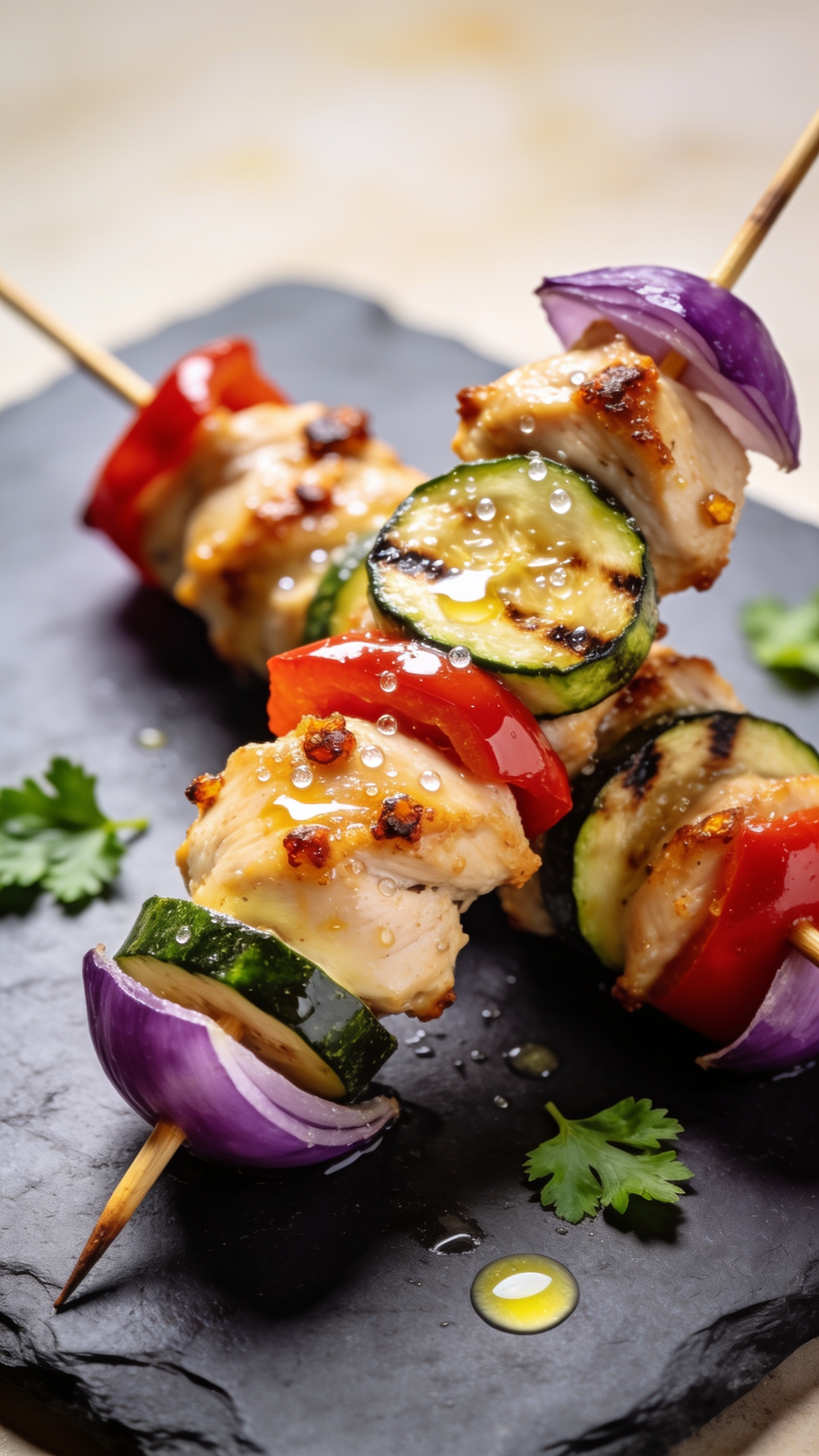 3. Extreme close-up angle from slightly above and to the side of two finished skewers resting on a slate board: focus on the front skewer showing succulent chicken with crispy edges and tiny caramelized bits, charred zucchini coins, glossy red pepper, and purple onion petals. Light brush of marinade sheen visible on the chicken surface and veggies, micro-beads of juice catching the light. A few scattered parsley leaves and a faint squeeze of lemon glistening on the slate. Bright natural lighting, shallow depth of field, warm neutral background blur, food fills 90–95% of the frame, consistent look with images 1 and