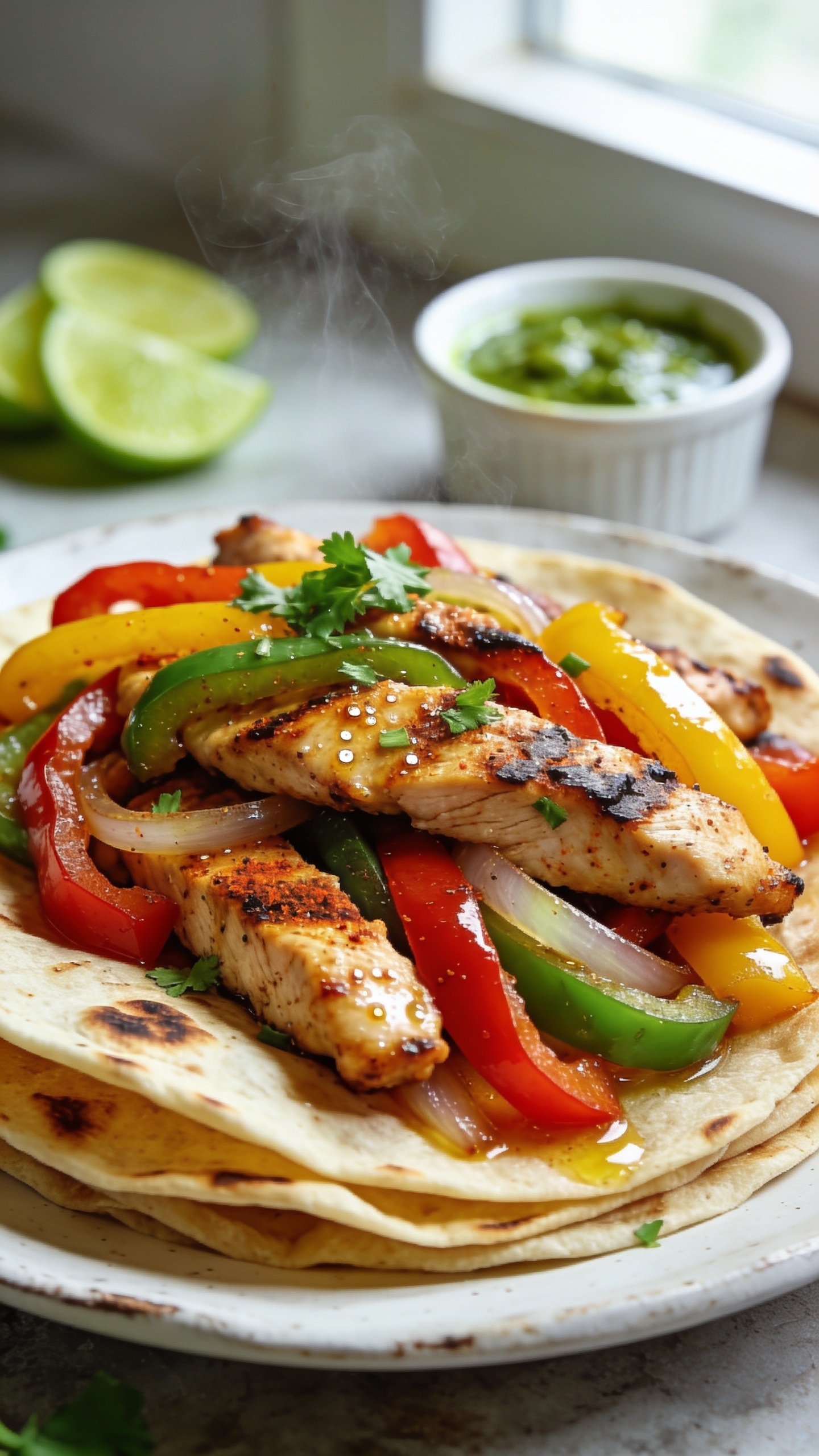 Ultra-close hero shot of air fryer chicken fajitas freshly plated: sizzling strips of juicy, char-kissed chicken breast and caramelized red, yellow, and green bell peppers with sweet onions, all glistening with a Tex-Mex spice rub (chili powder, cumin, smoked paprika) and a light sheen of oil; nestled in warm, lightly charred flour tortillas stacked on a rustic white plate, with lime wedges and a small ramekin of salsa verde in the blurred background. Bright natural window light from the side, shallow depth of field, vibrant saturated colors, visible steam, micro-beads of juice on the chicken, crispy browned edges on peppers, a sprinkle of chopped fresh cilantro, no text, no hands, 90–95% of frame filled with food, premium food-blog styling.