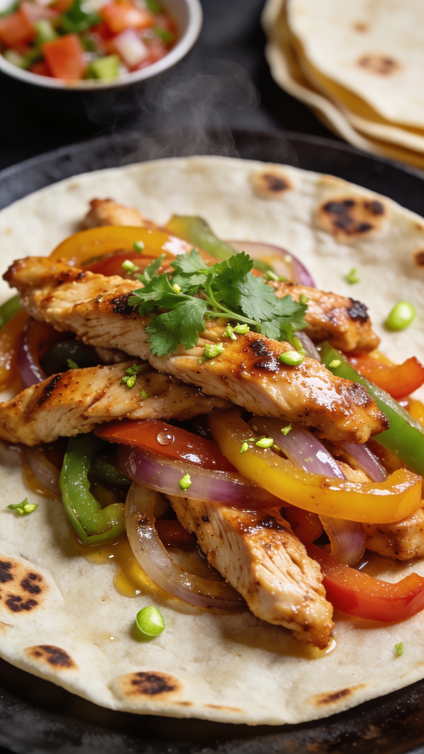 Extreme close-up from a slightly overhead angle of a fully assembled chicken fajita taco on a lightly charred flour tortilla: layers of juicy, spice-lacquered chicken strips, glossy caramelized tri-color peppers and onions, a finishing sprinkle of fresh cilantro, and tiny lime zest flecks. Edges of the tortilla show toasty leopard spots; faint steam is visible; droplets of rendered chicken juice and a hint of pan-style char glisten. Background blur includes a small bowl of pico de gallo and extra tortillas stacked. Bright natural lighting, shallow depth of field, 90–95% frame filled with food, cohesive with the hero image.