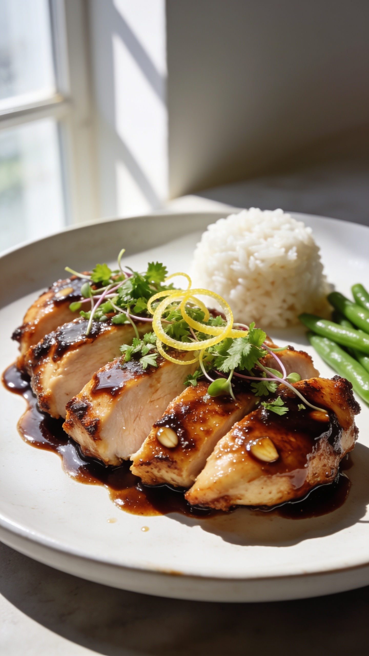 Ultra-close-up hero shot of Air Fryer Balsamic Chicken plated family-style: juicy boneless chicken thighs sliced into thick, glistening pieces with caramelized, crispy edges, coated in a glossy dark balsamic-garlic glaze that clings and pools lightly on a matte white shallow plate. Garnished with a shower of finely chopped fresh parsley and a few delicate microgreens, with thin lemon zest curls for brightness. Side accents in the same plate: a small mound of fluffy white rice and a few tender green beans for color contrast, softly blurred. Bright natural window light from the left, gentle shadows to the right, shallow depth of field highlighting the lacquered surface and juices beading on the chicken, rich browns and deep amber tones, premium food-blog styling, food filling 90–95% of frame.