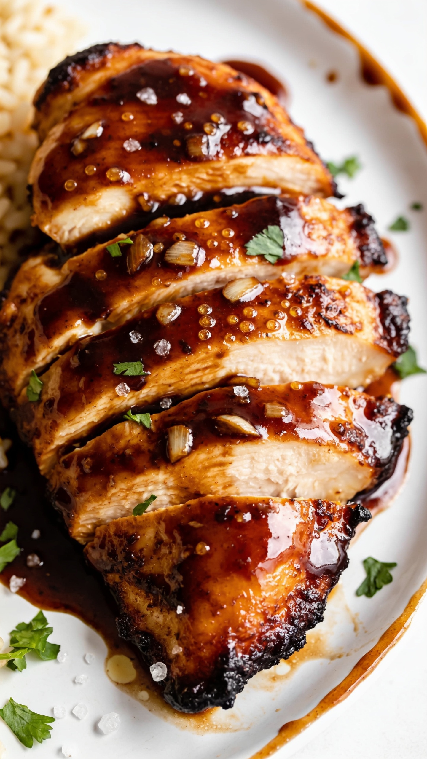 Tight overhead three-quarter close-up of the same finished Air Fryer Balsamic Chicken: sliced thigh pieces fanned slightly, heavily lacquered with thick balsamic-garlic glaze, tiny bubbles and sticky sheen visible, edges deeply caramelized and crisp. Light pooling of sauce around the base, scattered fresh parsley, a few coarse sea salt crystals catching the light. A subtle swipe of glaze on the plate rim for restaurant flair, with soft-focus accents of rice grains peeking at the edge for context. Bright natural lighting from the top-left, shallow depth of field emphasizing glossy textures and juicy interior, food filling 90–95% of frame, cohesive with the hero shot’s styling.