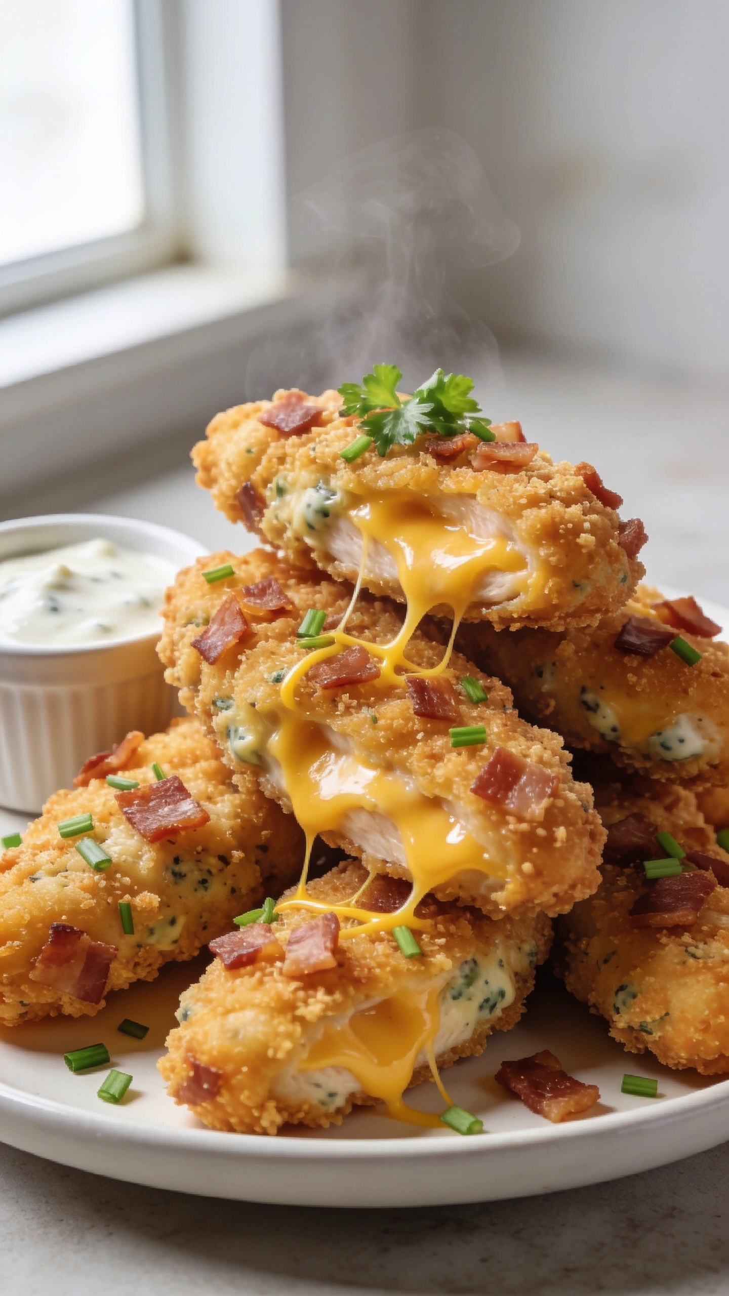 Ultra-close hero shot of air fryer crack chicken tenders piled high on a matte white plate, 90–95% frame filled with food. Each tender is golden and ultra-crispy with visible ranch-seasoned crumb, melted cheddar clinging in glossy pockets, and finely chopped crispy bacon bits embedded across the coating. A few strands of melted cheddar lightly web between adjacent tenders, with a sprinkle of fresh chopped chives and parsley for bright green contrast. A small ramekin of creamy ranch dip tucked at the edge, slightly out of focus. Bright natural window light from the left, shallow depth of field, soft bokeh, premium food-blog styling, clean neutral background, steam subtly rising to signal hot, just-cooked juiciness.