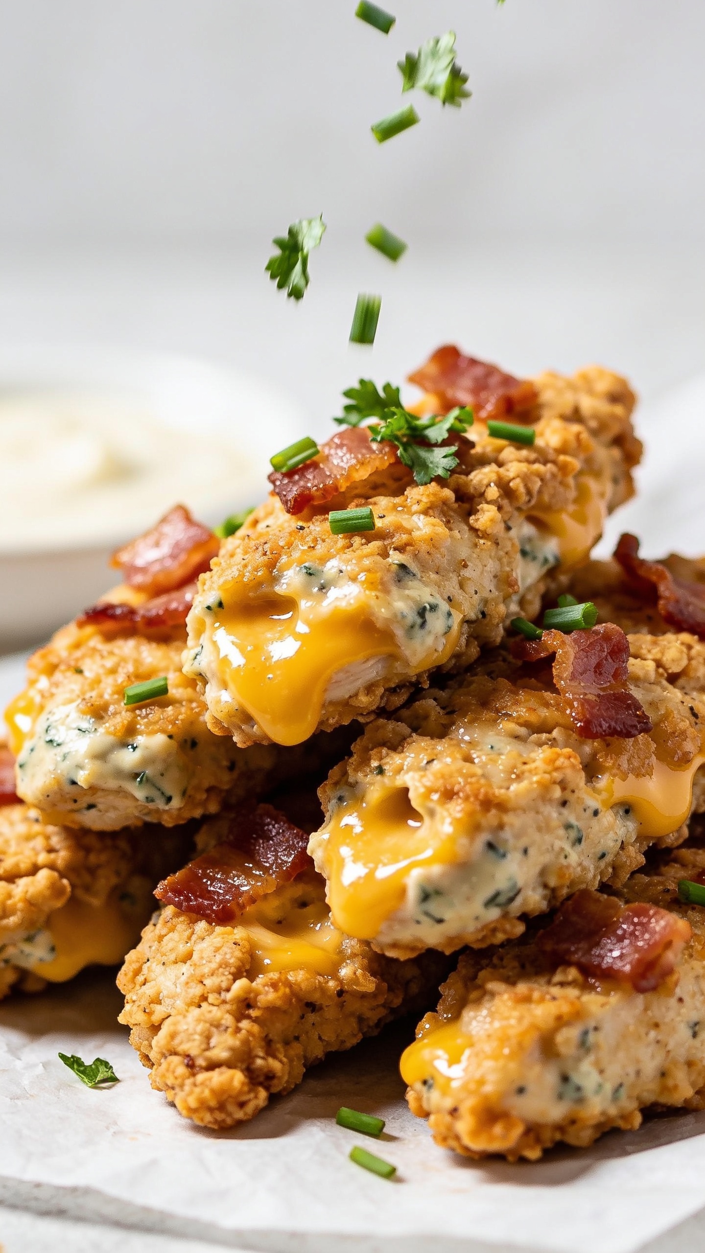 Extreme macro angle from slightly overhead and to the side of a tight cluster of crack chicken tenders arranged on parchment, filling 90–95% of the frame. Emphasize crunchy craggy coating with ranch-speckled texture, glossy melted cheddar pooled in crevices, and crisp bacon shards scattered on top. Freshly chopped chives and parsley just fallen onto the tenders, a few green flecks still midair, with ultra-shallow depth of field making the front edge razor-crisp and the background creamy. Bright natural light rakes across the surface to highlight golden edges and juicy sheen, premium editorial styling, clean neutral backdrop subtly blurred.