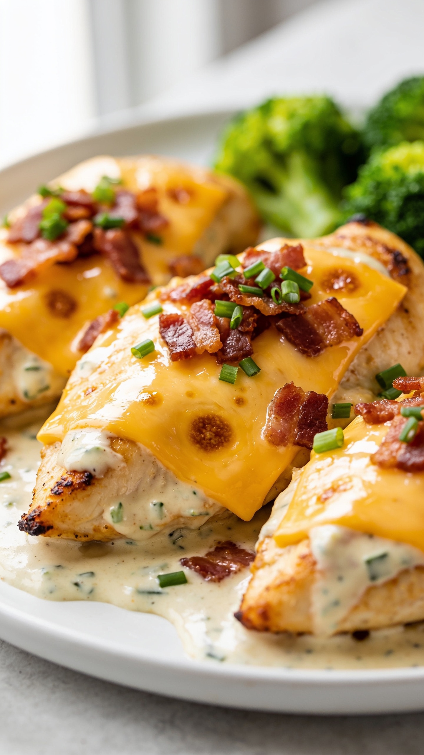 Ultra close-up hero shot of Air Fryer Crack Chicken: golden, juicy chicken breasts topped with melted cheddar and Monterey Jack, ranch-seasoned creamy sauce lightly pooled around the edges, crumbled crispy bacon scattered over the top, and a sprinkle of fresh chopped chives and green onions. Cheese is glossy and just-set with a few browned bubbly spots, edges of the chicken lightly crisped. Served on a simple white shallow plate with a minimal side of bright green steamed broccoli tucked into the background blur. Bright natural window light from the left, shallow depth of field, premium food-blog styling, 90â95% of frame filled with the chicken, no text, no hands.