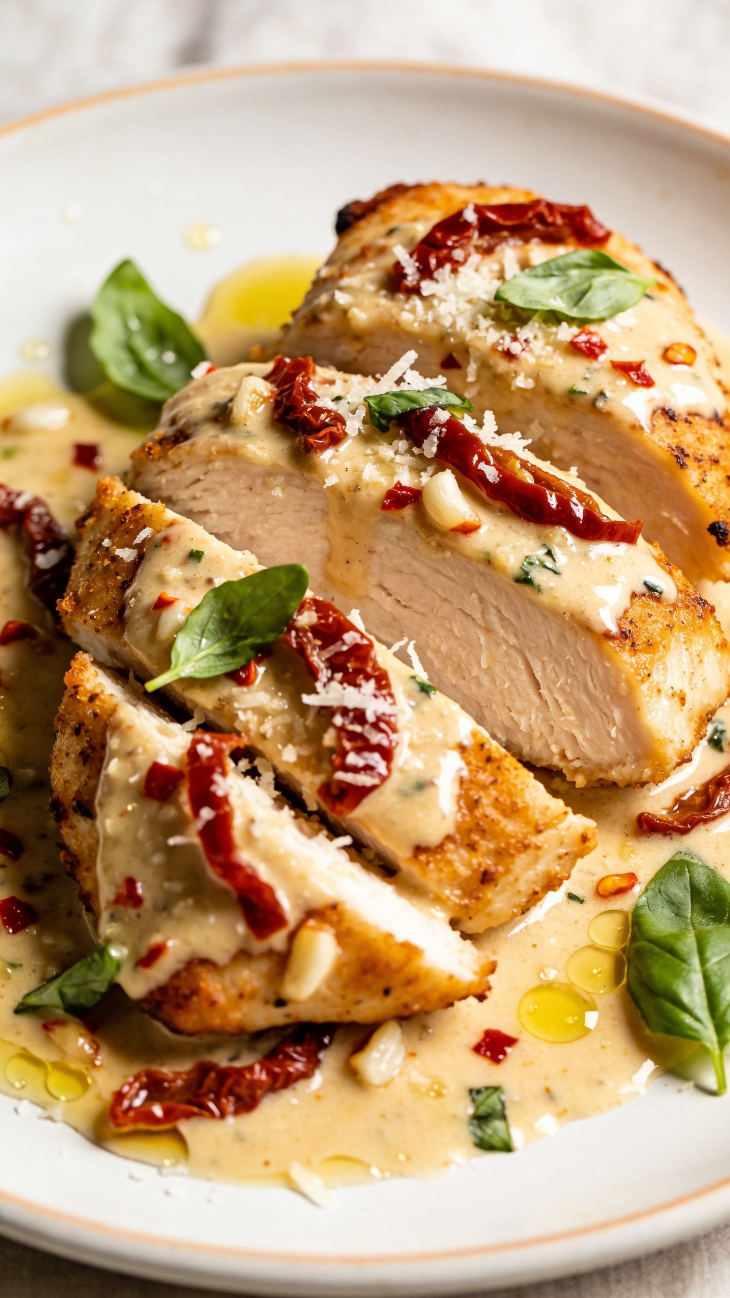Ultra-close hero shot of Air Fryer Marry Me Chicken: golden, air-fried boneless chicken breasts sliced to show a juicy center, smothered in glossy creamy Parmesan and sun-dried tomato sauce. Sauce studded with minced garlic, flecks of red pepper, and tender sun-dried tomato ribbons; finished with freshly grated Parmesan and torn basil leaves. A light shimmer of olive oil on the sauce, micro droplets catching bright natural side light. Plated on a warm white shallow plate with a subtle rim, minimal background blur of a neutral linen. Shallow depth of field, crisp edges on the chicken, rich creamy texture, vibrant basil greens and tomato reds. Food fills 90–95% of frame, same styling for all images.