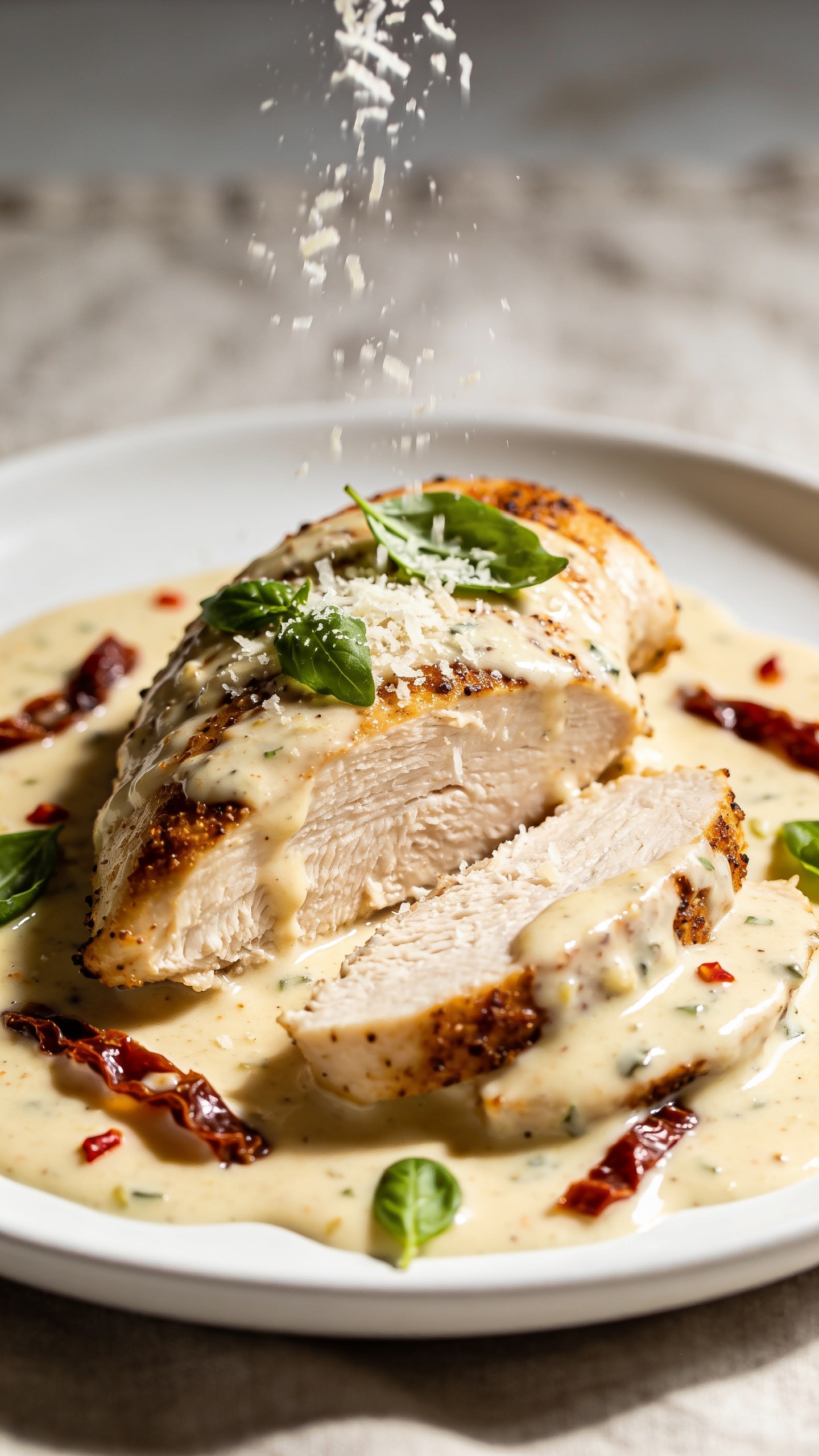 Extreme close-up from a low angle: the same plated Air Fryer Marry Me Chicken with one breast sliced on a bias, cross-sections showing moist fibers and crispy, seasoned edges. The creamy garlic-Parmesan sauce pools and clings, sun-dried tomato strips embedded, tiny red pepper flakes visible. Freshly torn basil scattered over the top, a soft shower of micro-grated Parmesan mid-fall, frozen in motion. Bright natural side light creating highlights on the glossy sauce, gentle shadows for depth. Clean white plate, neutral linen blur, food filling 90–95% of frame, shallow depth of field, premium food-blog styling.