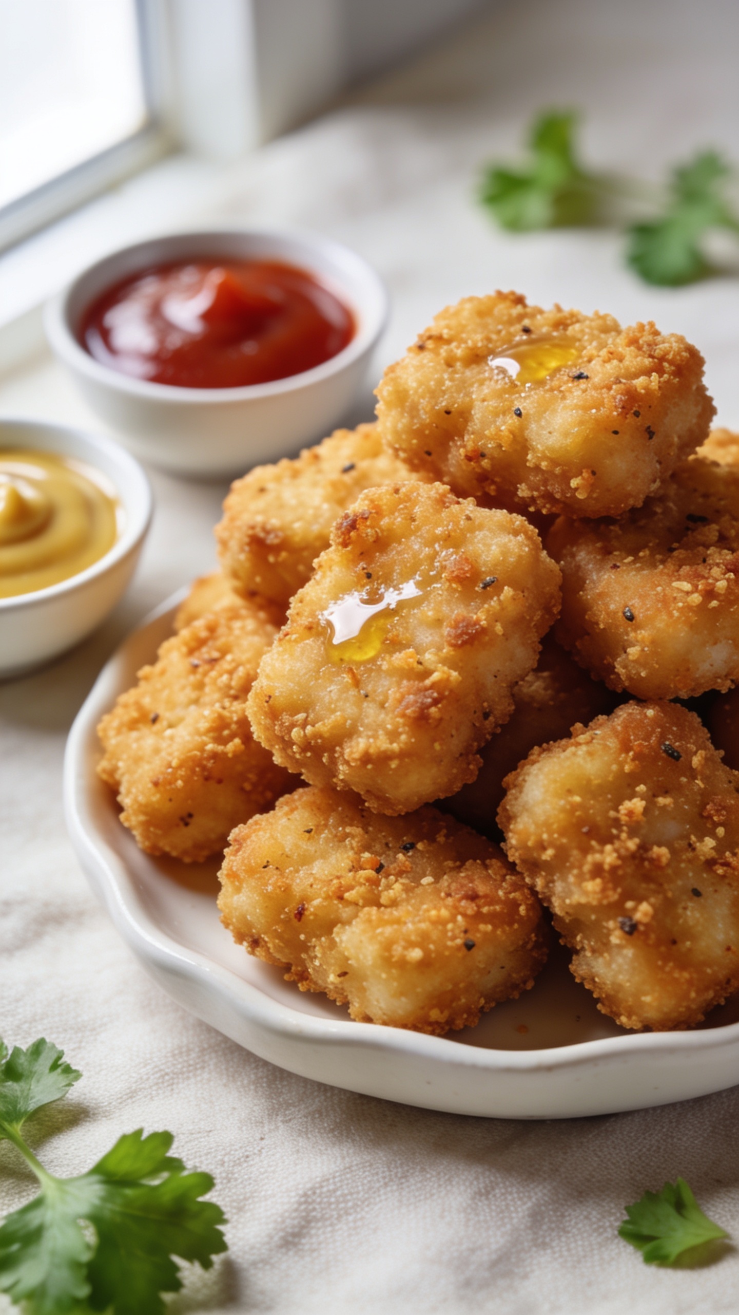 Ultra-close-up hero shot of air fryer chicken nuggets piled high on a small white ceramic plate, each nugget uniformly sized with a deeply golden, ultra-crispy breadcrumb coating that shows tiny toasted crumbs and subtle pepper flecks, a glossy sheen from a light spritz of oil, a small bowl of ketchup and a small bowl of honey mustard tucked tight into the frame, a few fresh parsley leaves scattered sparingly, bright natural window light from the left, shallow depth of field with the front nuggets tack-sharp and the background softly blurred, clean neutral linen backdrop, food filling 90â95% of the frame, premium food-blog styling.