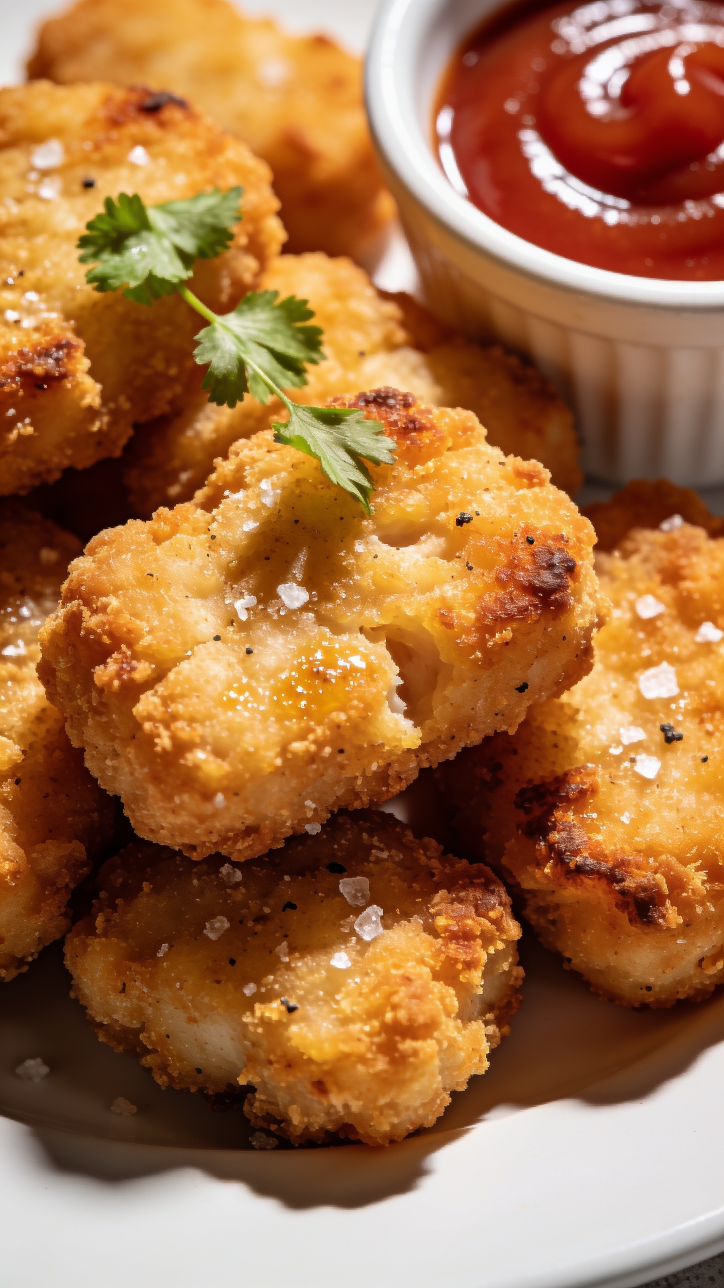 Extreme close-up angle of the same finished air fryer chicken nuggets arranged in a tight mound on the same white plate, spotlighting texture: crackly, crunchy breadcrumb surface with toasted edges, tiny crystals of sea salt, and faint black pepper specks; a light, appetizing oil sheen; a small ramekin of ketchup partially visible with a glossy swirl; a few delicate parsley leaves just fallen across the top; bright natural side light emphasizing shadows in the crunchy crevices; shallow depth of field with emphasis on the foremost nugget; food filling 90â95% of the frame, same styling and background for a cohesive shoot.