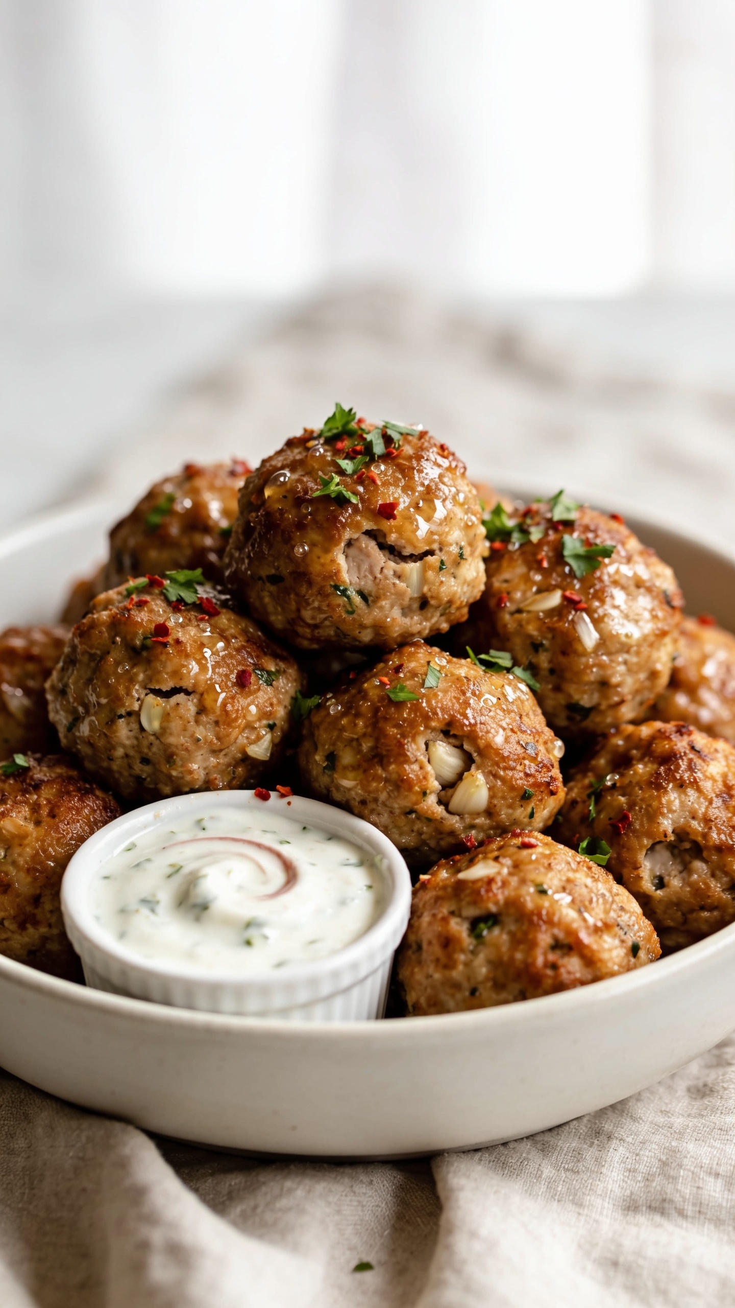 Ultra-close hero shot of air fryer chicken meatballs piled high in a shallow white ceramic bowl, 90–95% frame filled with food. Meatballs are uniformly golden-brown with crisp, dimpled edges and juicy interiors peeking from a few natural cracks. A glossy garlic-herb glaze lightly coats the surface, catching bright natural window light; tiny beads of moisture glisten. Finely chopped fresh parsley and a few red pepper flakes are scattered over the top. A small ramekin of creamy yogurt-garlic dipping sauce sits nestled at the edge of the bowl, partially visible, with a faint swirl on top. Shallow depth of field, blurred neutral linen backdrop, premium food-blog styling, no text, no hands.