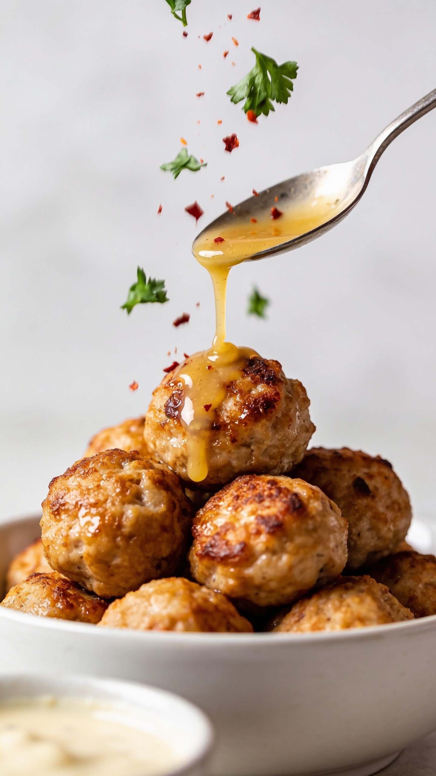 Extreme close-up from a lower angle focusing on texture: a tight cluster of the same golden-brown chicken meatballs in the white bowl, with a spoon drizzling a thin ribbon of warm garlic-butter glaze over the top meatball. The glaze catches the light as it flows, pooling slightly in crisp crevices and making the browned edges glisten. Fresh parsley and a pinch of red pepper flakes are mid-fall onto the meatballs, frozen in motion. Soft natural light, shallow depth of field, creamy dipping sauce just at the edge of the blur. Rich textures, vibrant colors, 90–95% frame filled with food, premium food-blog aesthetic, no text, no hands.